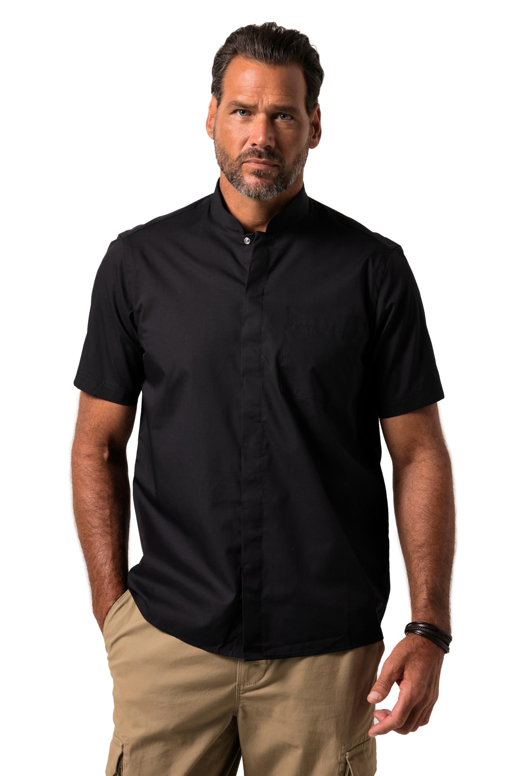 JP 1880 Herren große Größen Übergrößen Menswear L-8XL Koch-Hemd, Halbarm, Stehkragen, Druckknöpfe, Boxy Fit 840233