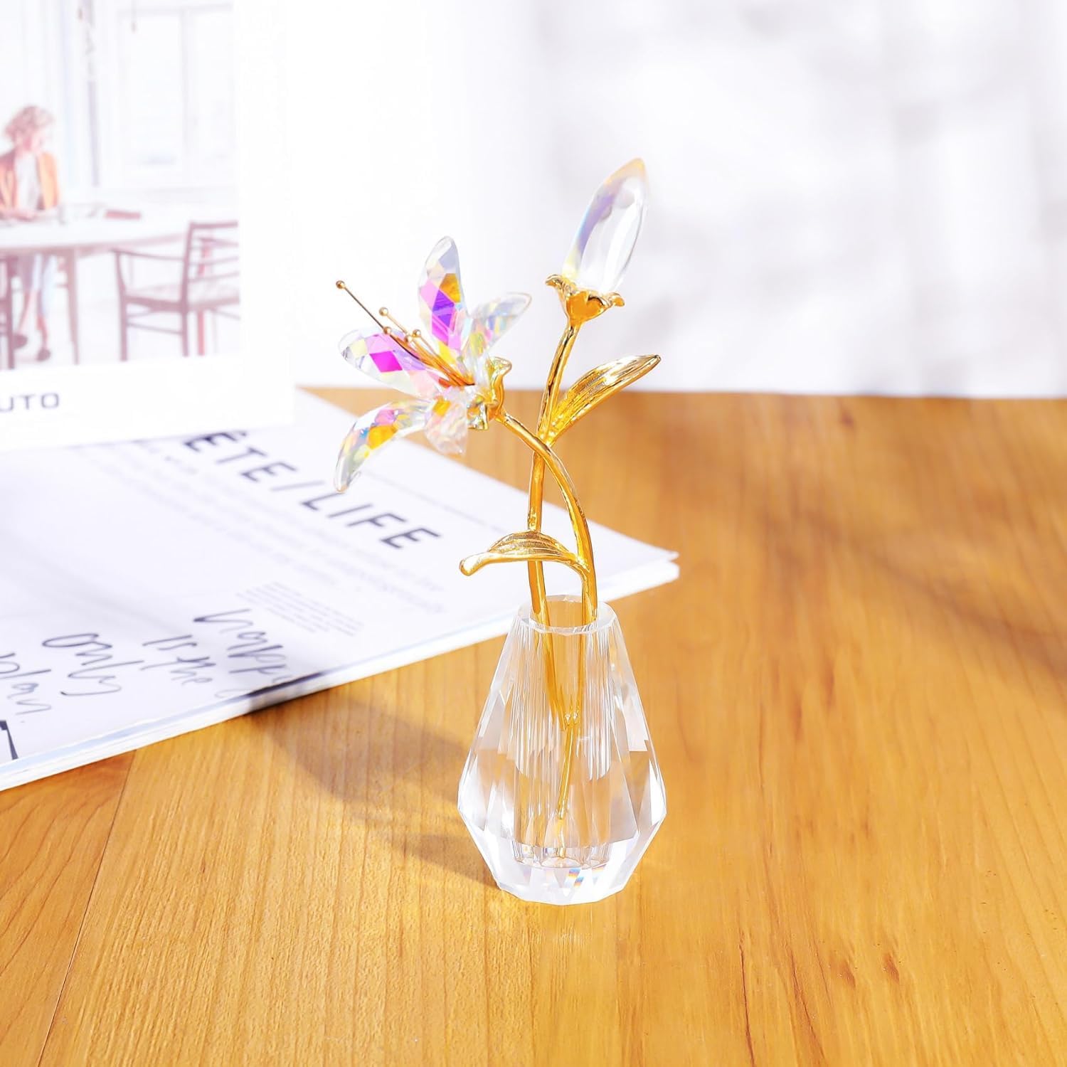 Movdyka Clear Crystal Lily Flower Figurine with Stems - Handmade Collectible Statue for Decoration Mothers Day Centerpiece Valentines Day Bridal Shower Gift