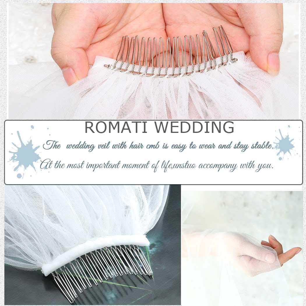 Unsutuo 1 Tier Bride Wedding Classic Veil Fingertip Veil Knee Length Bridal Tulle Veil with Comb and Ribbon Edge for Women