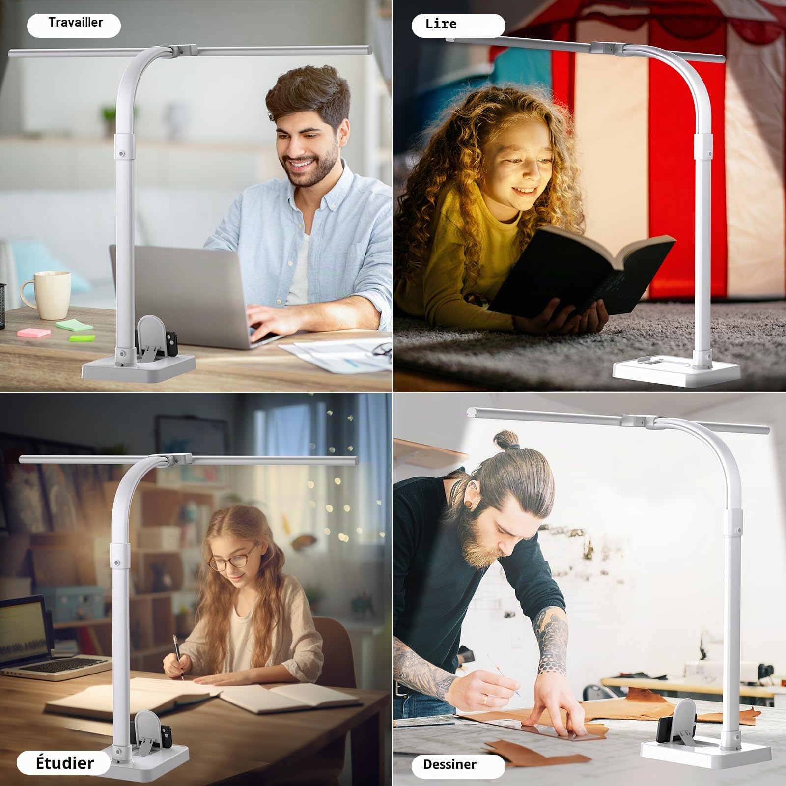 LOTTBUTY Lampe de bureau LED à double tête à intensité variable, 24 W 80 cm, lampe lumière du jour, lampe de bureau, col de cygne (blanc, base de bureau avec support pour téléphone portable)