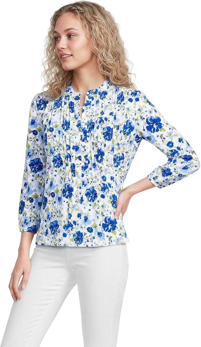 Lands' End Women's Lightweight Jersey Button Pintuck Top