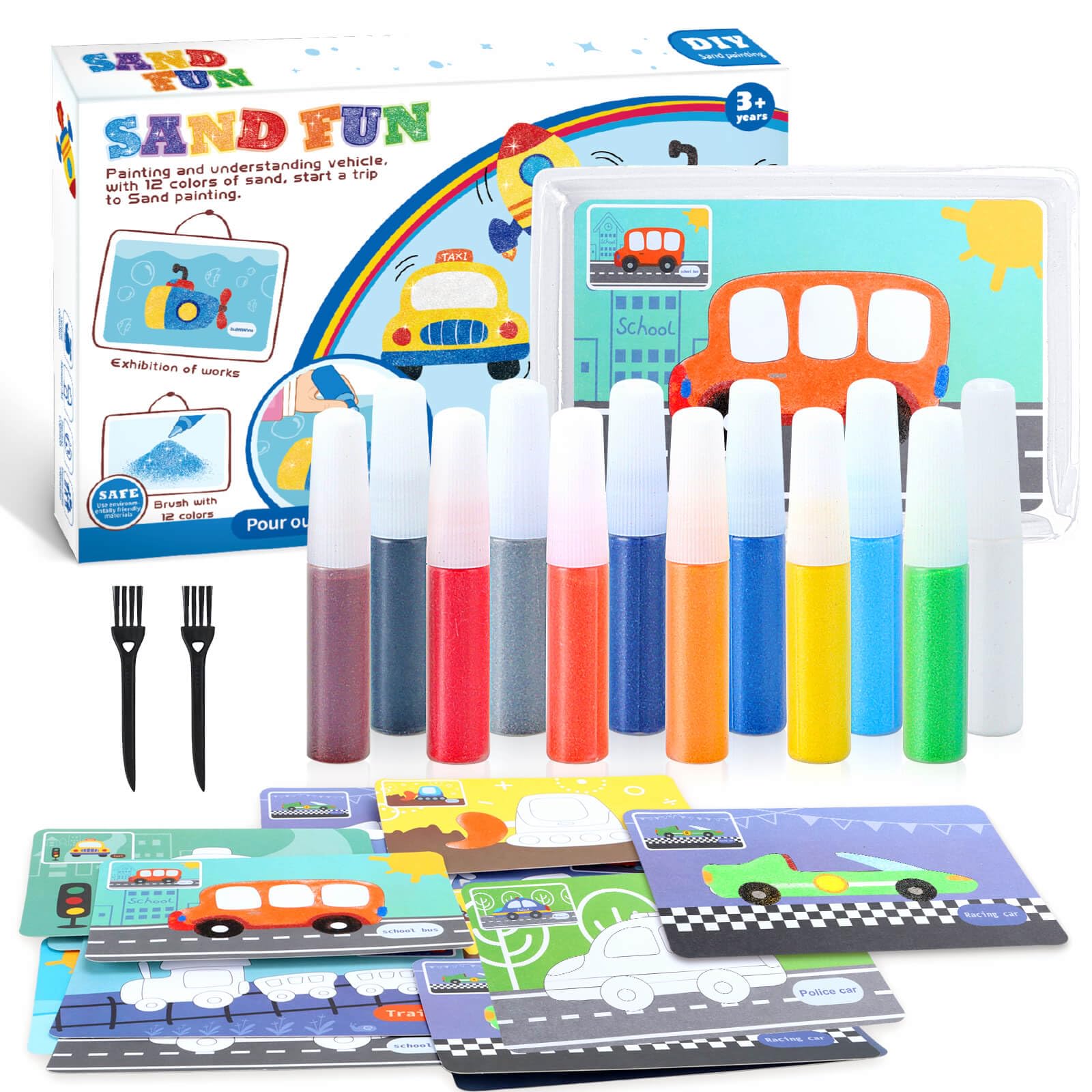 YOTOY Gifts for 3 4 5 6 7 8 9 10 Year Old Kids Girls: Sand Art Craft Toys for Kids Age 4-12 Years Old Colored Sand Play Kits for Children 24 Transport Painting Pictures Fun Drawing Toy with Tray