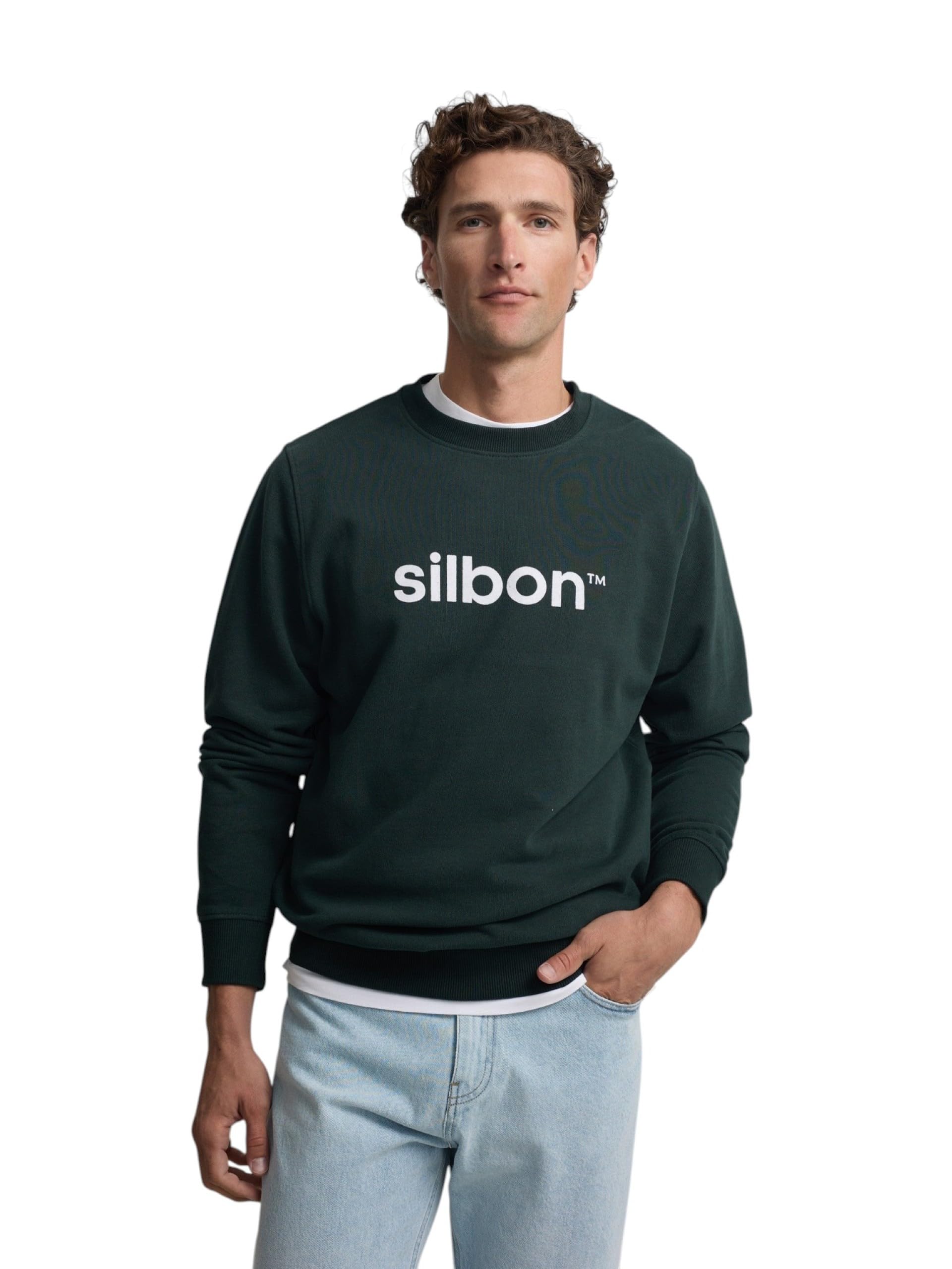 SILBON Silbon Flock Sweatshirt Dark Green Men's Sweatshirt (Pack of 1), dark green, L-3XL