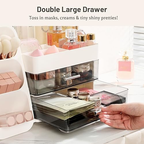 Miniatura 5 de Aveniee Organizador de maquillaje con cajones para tocador, gran vitrina de cosméticos con soporte para brochas de maquillaje, organizadores de baño