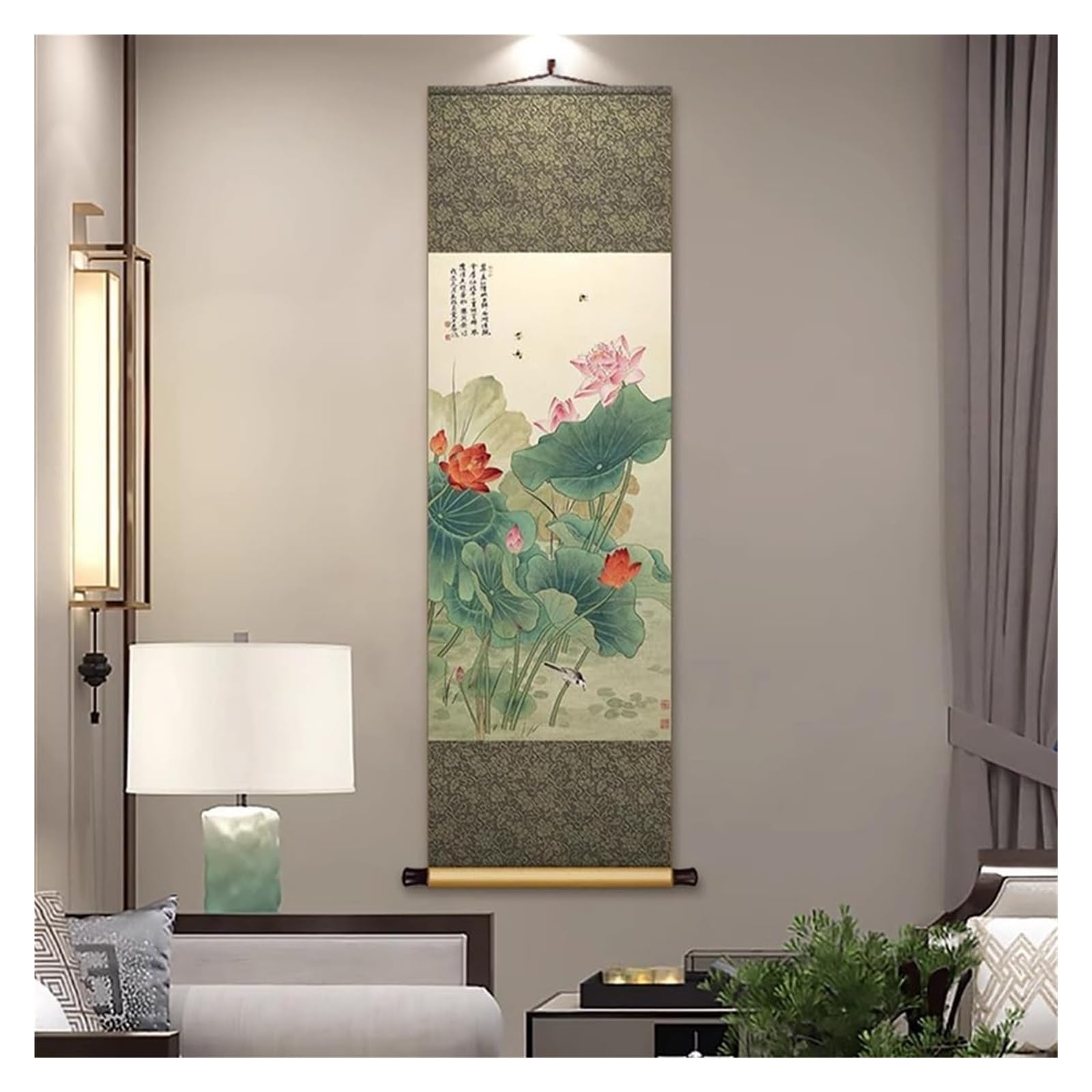 Chińskie malarstwo z motywem lotosu, klasyczny plakat Feng Shui do przedpokoju, pionowy plakat jedwabny, kreatywny prezent(Yellow,50L x 158W cm)