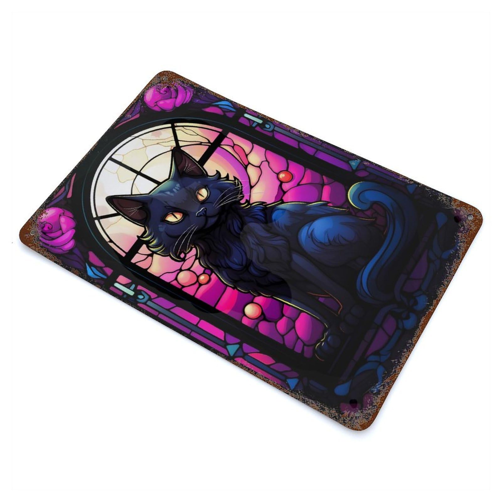 Cute Black Cat Stained Gla Decorative Tin Sign 11.8"x7.9", Ideal for Cafe, Home Bar And Lounge Decor