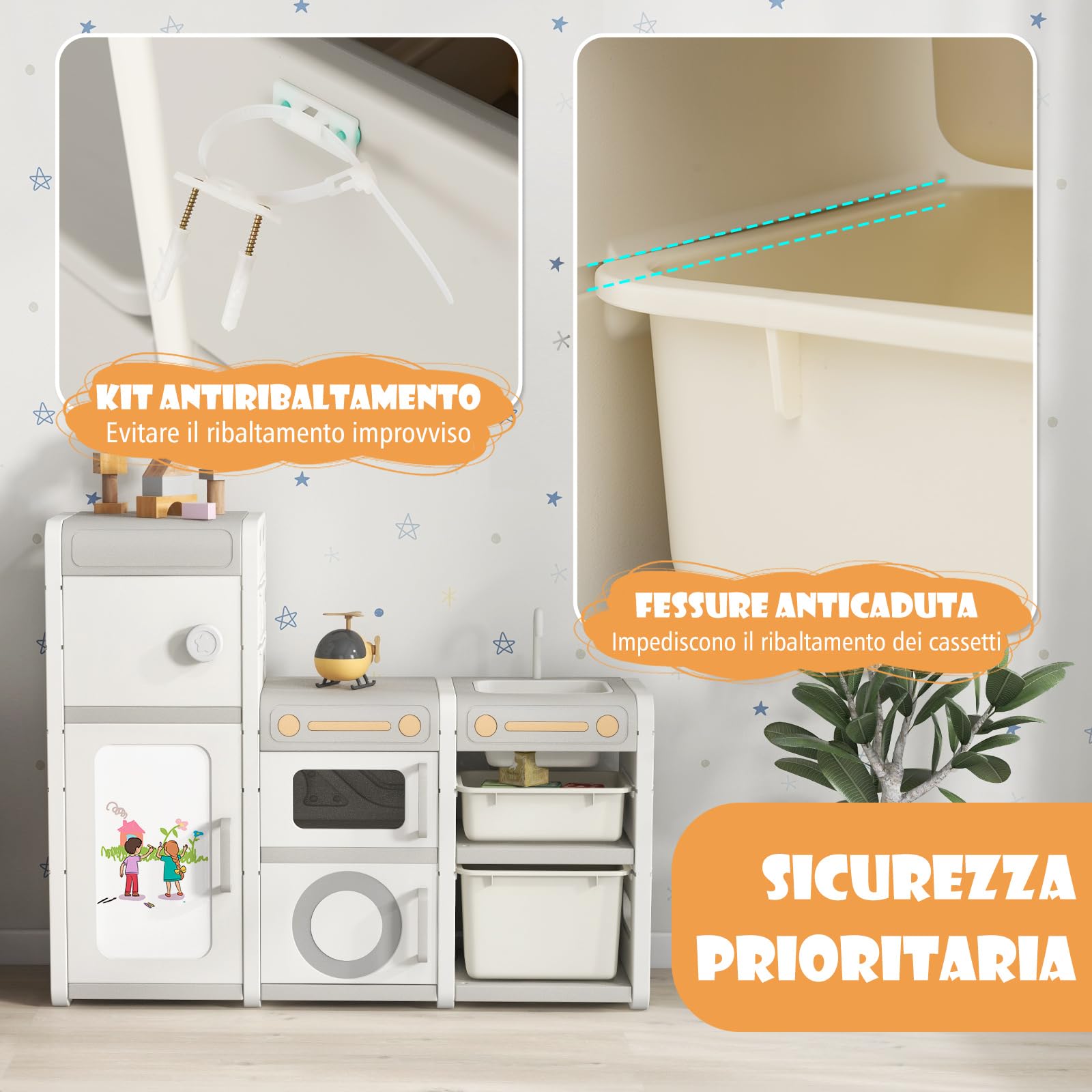 RELAX4LIFE Scaffale per Giocattoli per Bambini, Libreria per Bambini con Lavagna Magnetica, Pennarelli e Cancellino, Mobile Porta Giochi a Forma di Cucina per Asilo Nido e Cameratta
