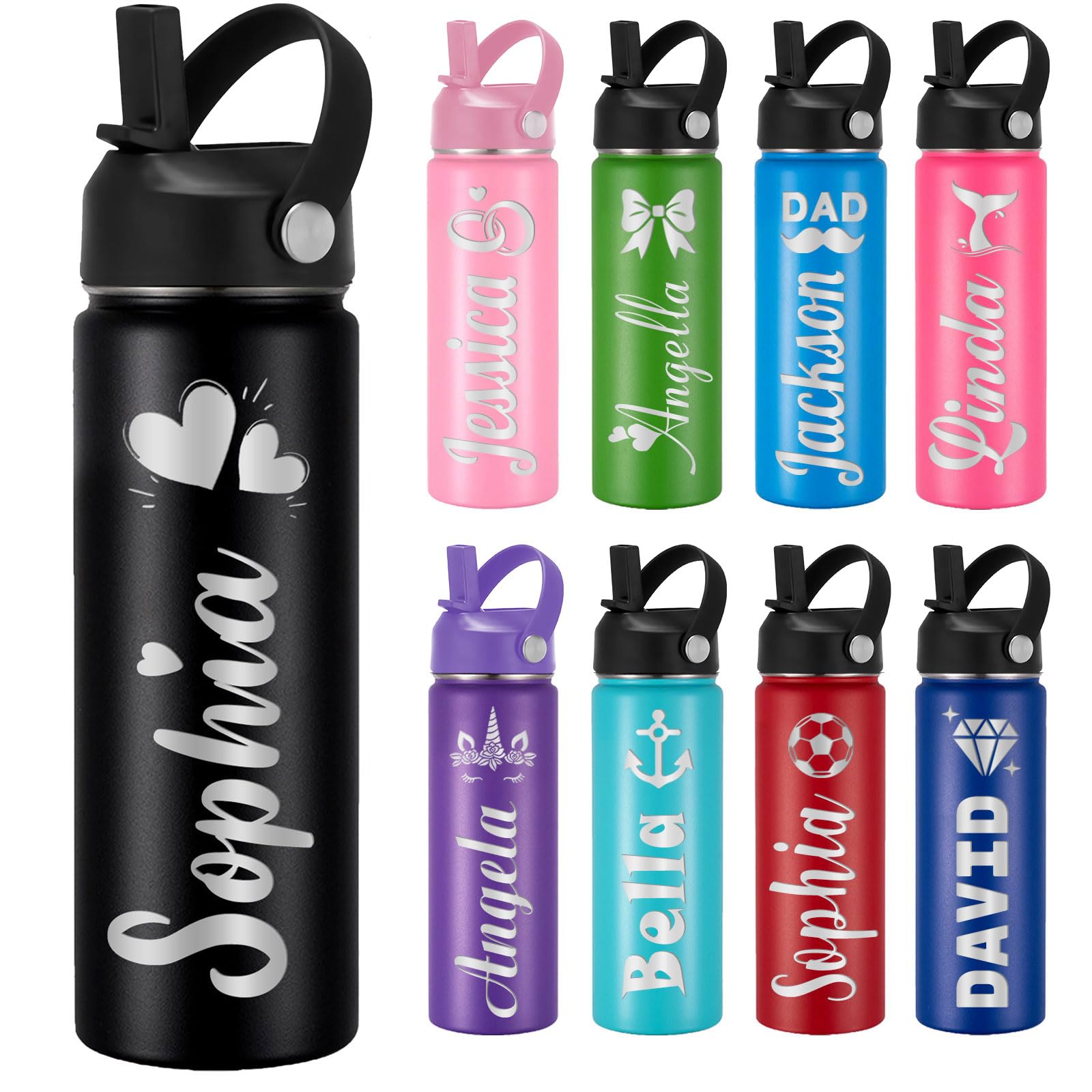 Custom Personalized Water Bottles for Kids Toddler Adult Customizable Name Customized Engraved Stainless Steel Water Bottle Cups Gifts