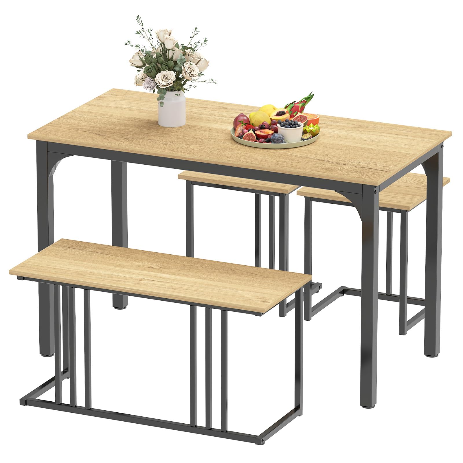 Giantex Dining Table and Chiase Set, Dining Table for 4 People with 2 Stools, 1 Bench, Metal Frame, Sappy Tray, for Kitchen, Restaurant, 120 x 60 x 75 cm (Natural)