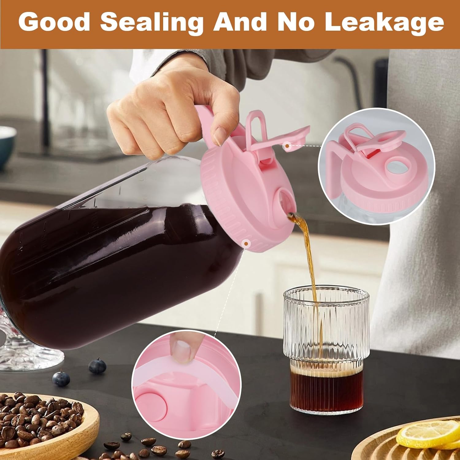 Cold Brew Coffee Maker，64 oz Wide Mouth Mason Jar Pitcher with Stainless Steel Filter, Pour Spout Handle Lid, Heavy Duty Glass Airtight & Leak-Proof for Iced Coffee & Tea Lemonade-Pink - Image 4