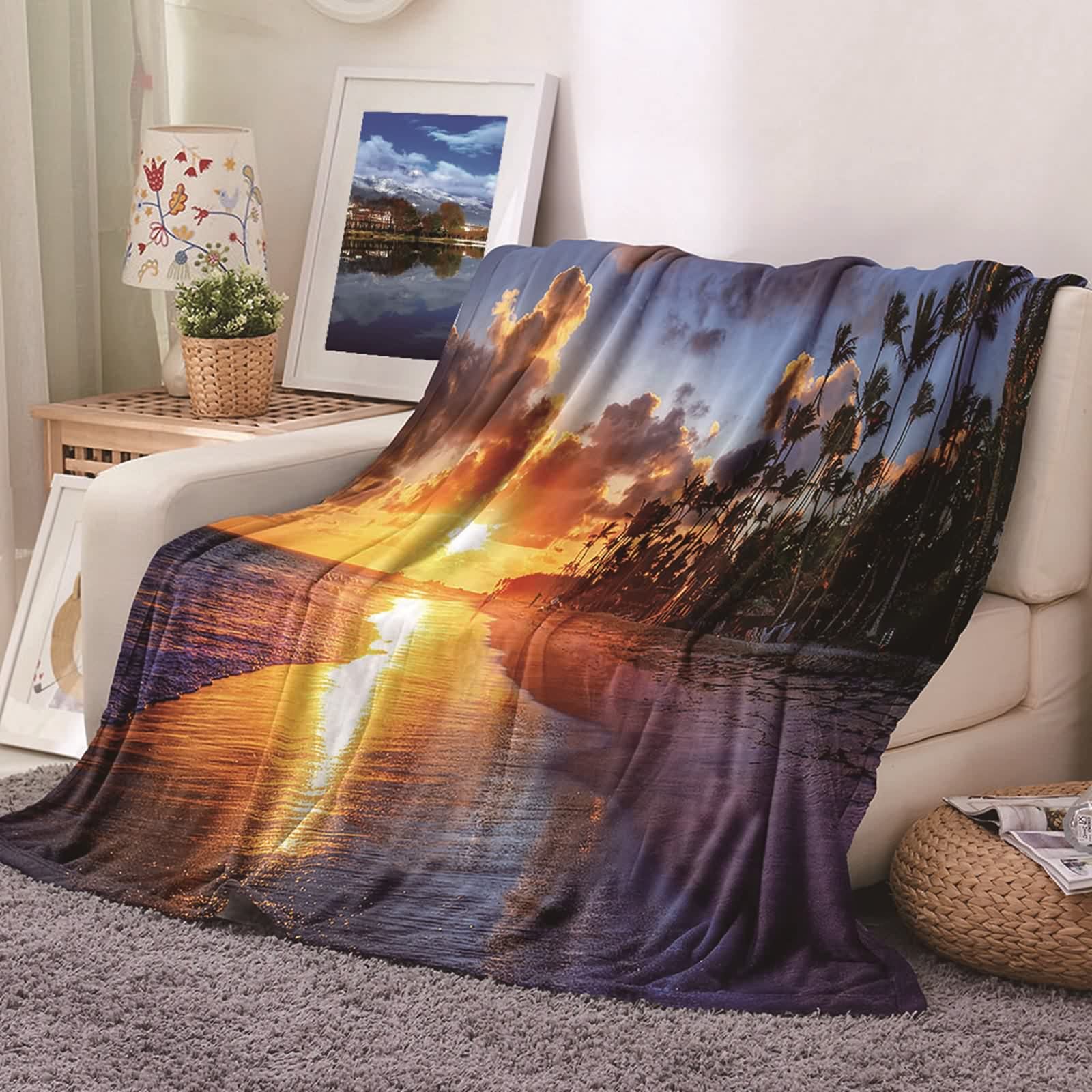 Plaid couverture en flannel doux 130x150cm jeté de lit multicolore coucher de soleil