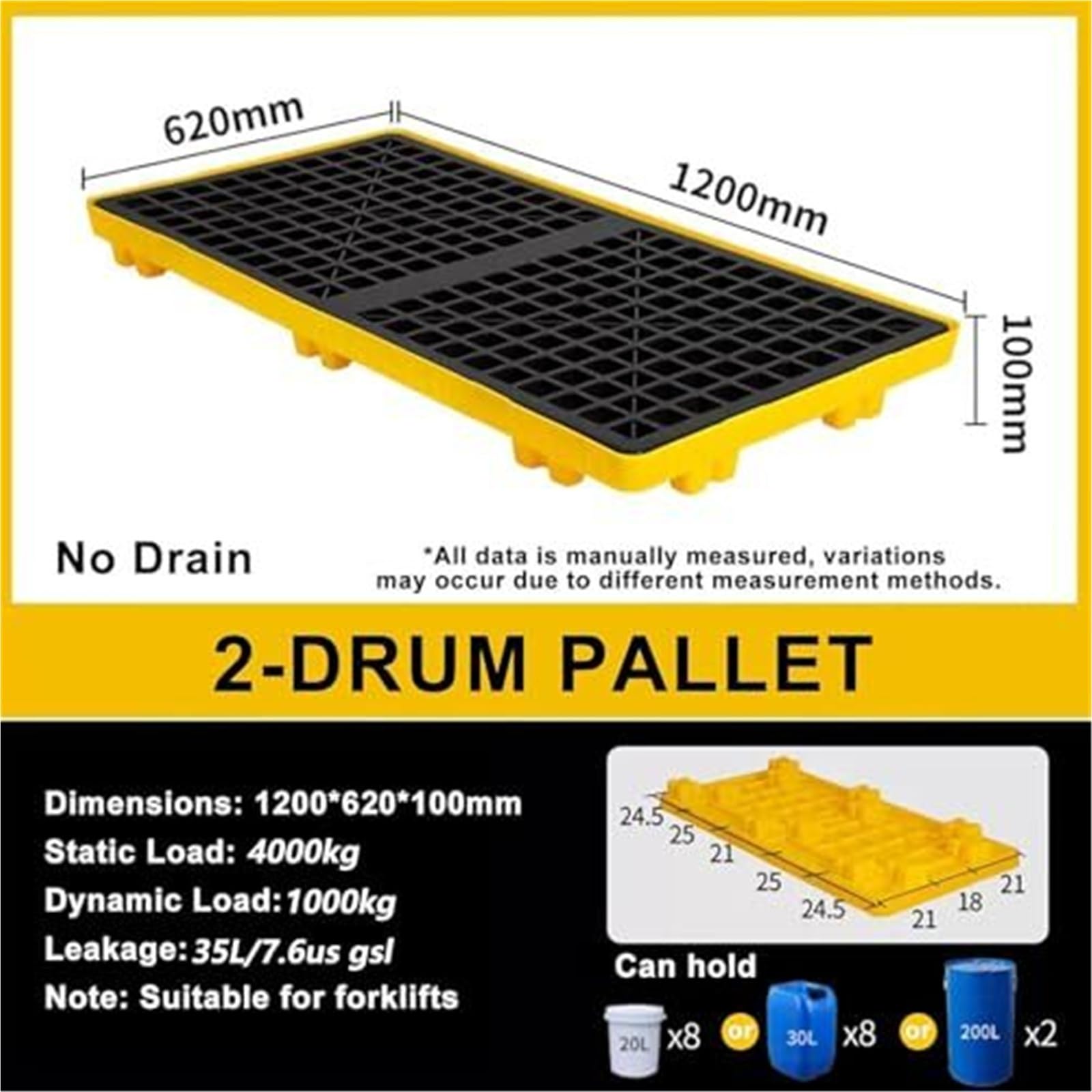 Piattaforma di Contenimento Modulare, Pallet Anti-Perdite in HDPE con Scarico e Tasche per Carrello, Soluzione di Raccolta per lo Stoccaggio Sicuro di Fusti di Olio e Chimici(120 * 62 * 12cm)
