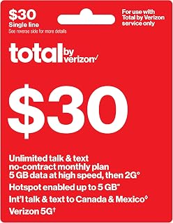 Total by Verizon $30 - Unlimited Talk and Text, 5G Data and HS/Monthly