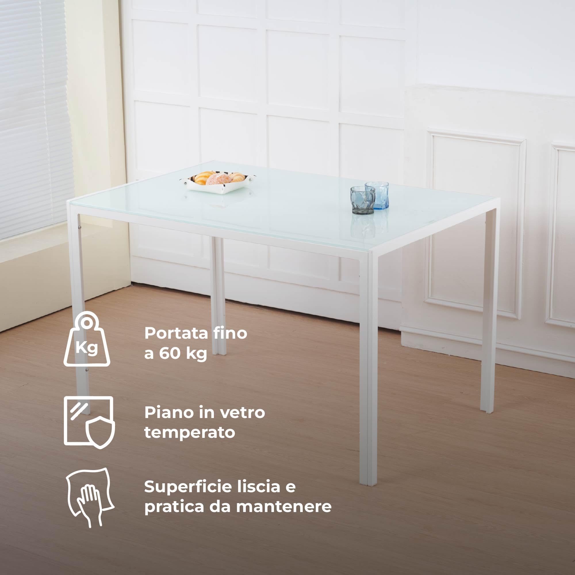 IlGruppone Set Sedie e Tavolo da Pranzo con Ripiano in Vetro Temperato e Sedia Imbottite in Similpelle Nera Design Moderno, 4 o 6 Posti Ideale per Cucina o Soggiorno - Bianco - 4 Posti