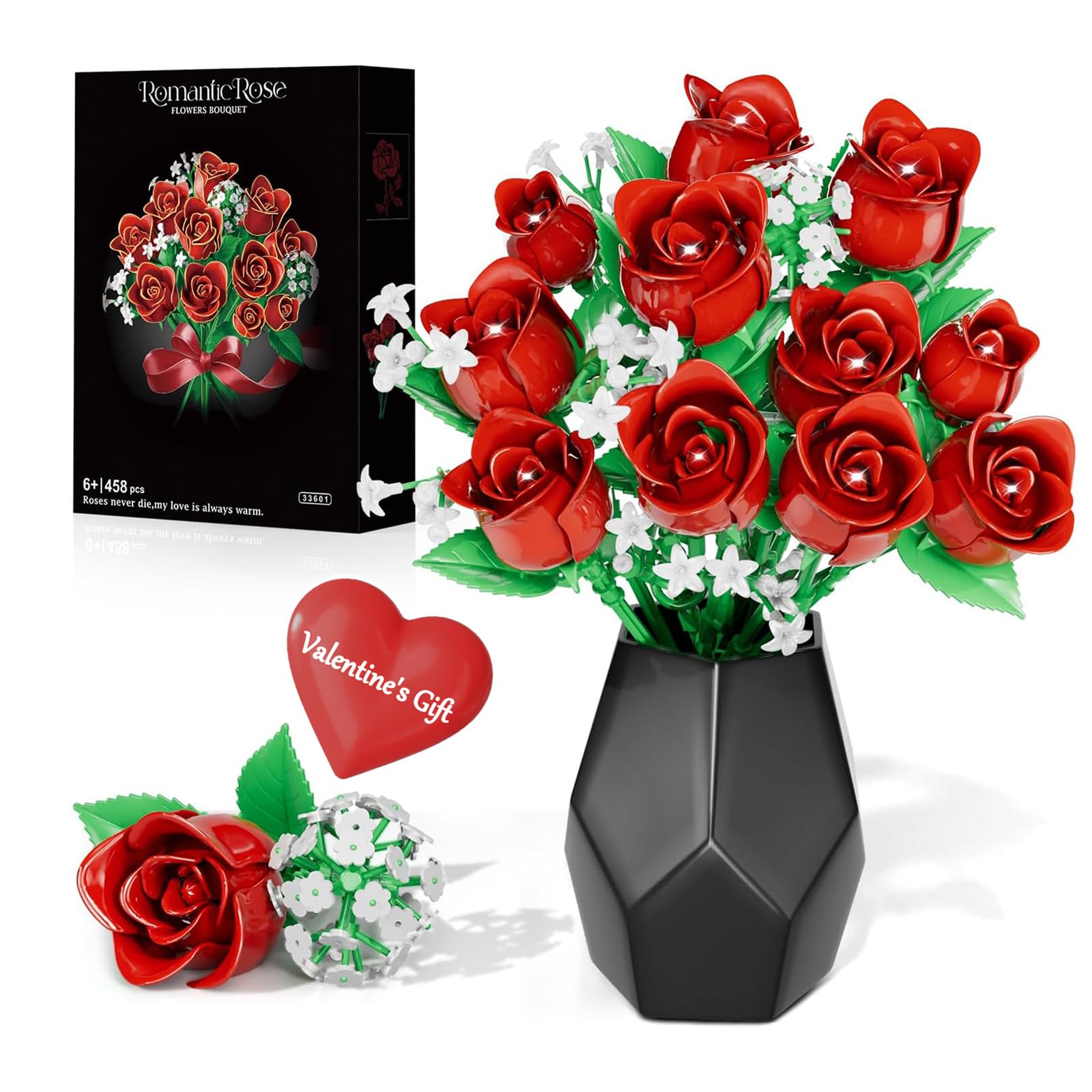 diy rose toy Moc NON Lego Building Blocks Flowers Pink Roses DIY Flower Pot Model Ornaments 's Educational Toys Brick Holiday, Size: Small