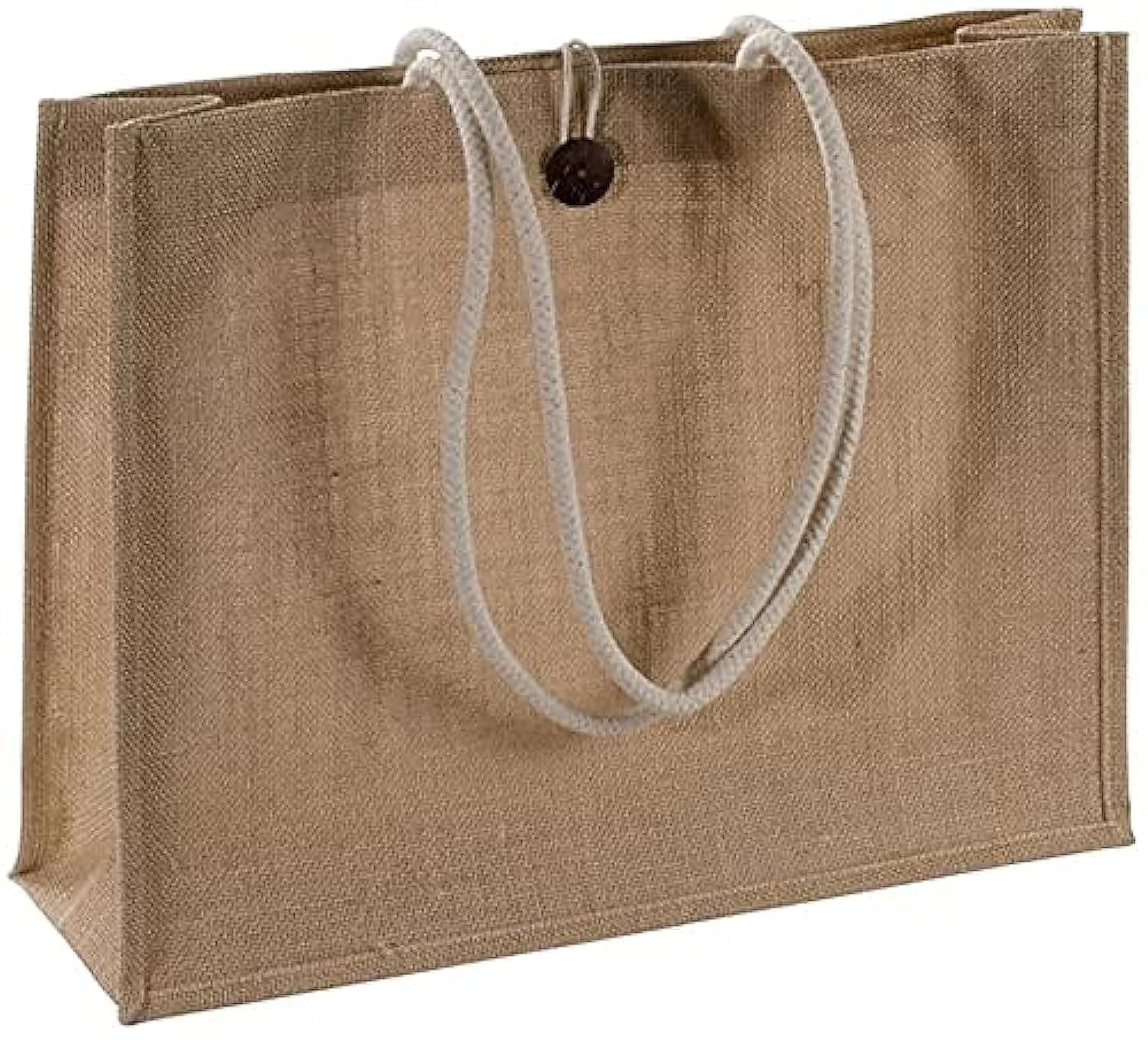 abtextraNatural Jute Burlap Reusable Shopping Tote Bags with Cotton Handles Buttoned Closure Front Pocket For Women Grocery Bag Large