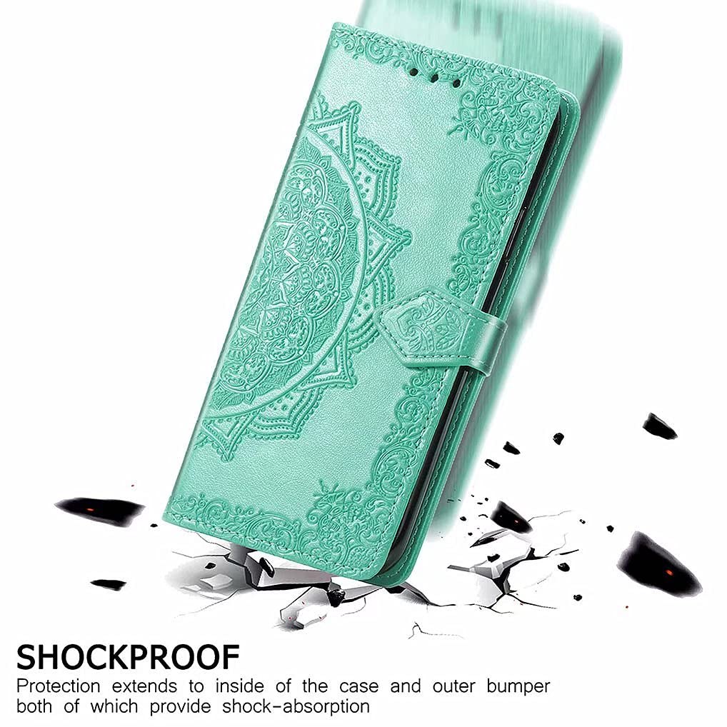 Custodia LINER In Pelle Con Motivo Mandala Per Oppo Find X3 Pro. Portafoglio Con Slot Per Carte, Supporto E Cinturino Da Polso. Colore Verde, Protezione Antiurto. - 2