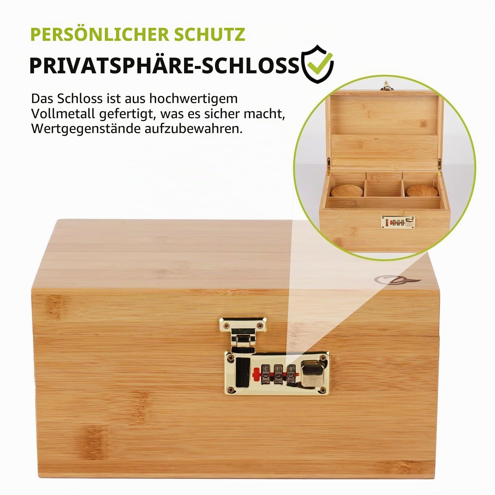 OZCHIN Große Bambusbox mit Zahlenschloss, Dekorative Aufbewahrungsbox für Zuhause, Geschenk, Aufbewahrungskiste mit Glasbehälter, Tablett, Wiederverschließbaren Beuteln und Mehr
