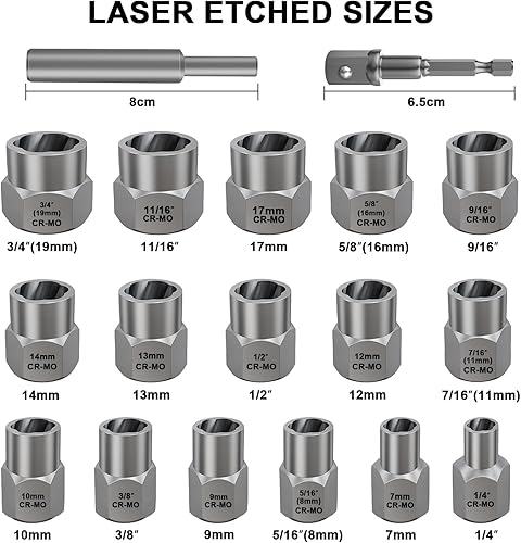 Miniatura 16 de Topec Juego de extractor de tuercas y pernos de impacto de 13+1 pieza, juego de dados extractores de pernos de 3/8 pulgadas, removedor de tuercas 13