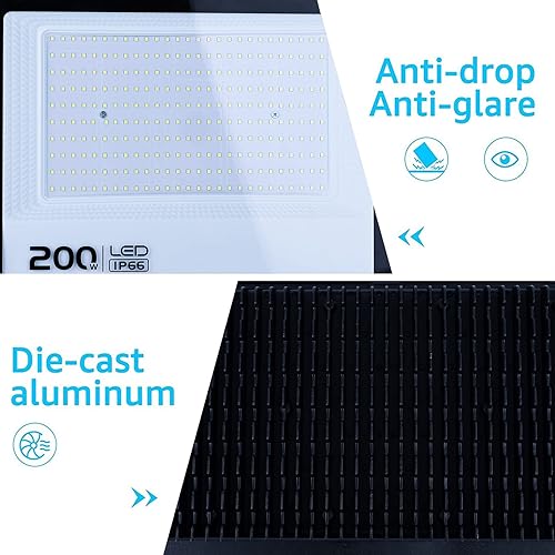 Miniatura 9 de MIHEAL Luz de inundación LED de 200 W, blanco frío 6000 K, IP66 impermeable súper brillante luz de trabajo, 110 V, reflector al aire libre para