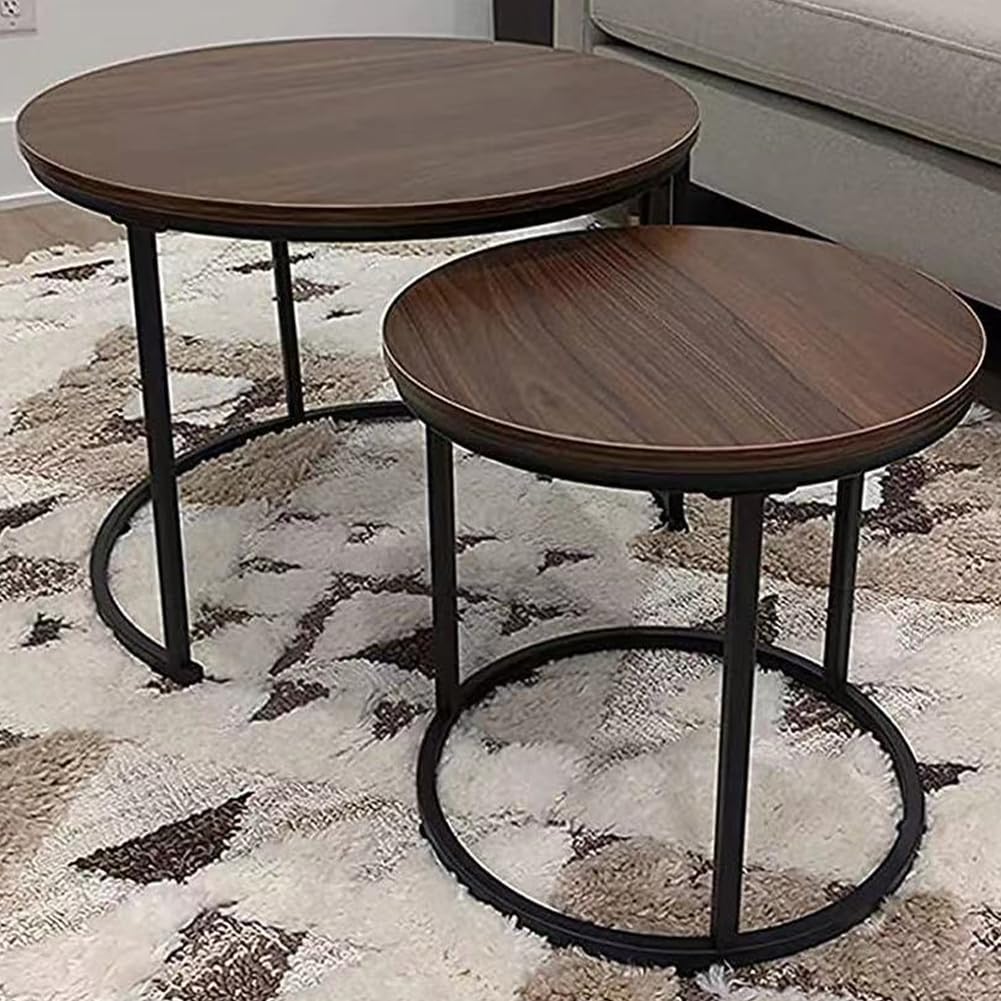 BAKAJI Lot de 2 Tables de Salon à encastrer, Forme Ronde avec Structure en métal Noir et Plateau en Bois Noyer, Tables à café économise Espace Design Industriel, décoration de Salon, Maison