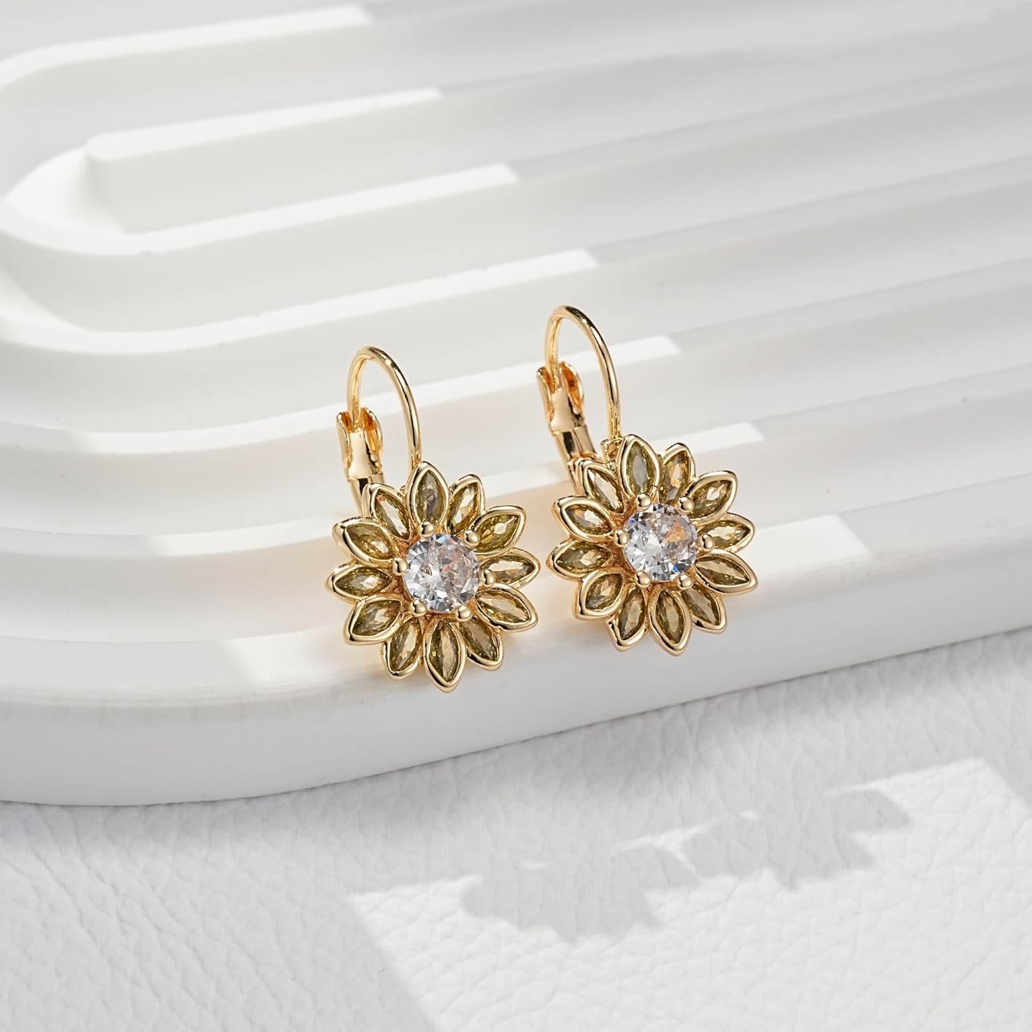 Austrian Crystal Flower Drop Leverback Earrings for Women Fashion 14K Gold Plated Hypoallergenic Jewelry - Image 5