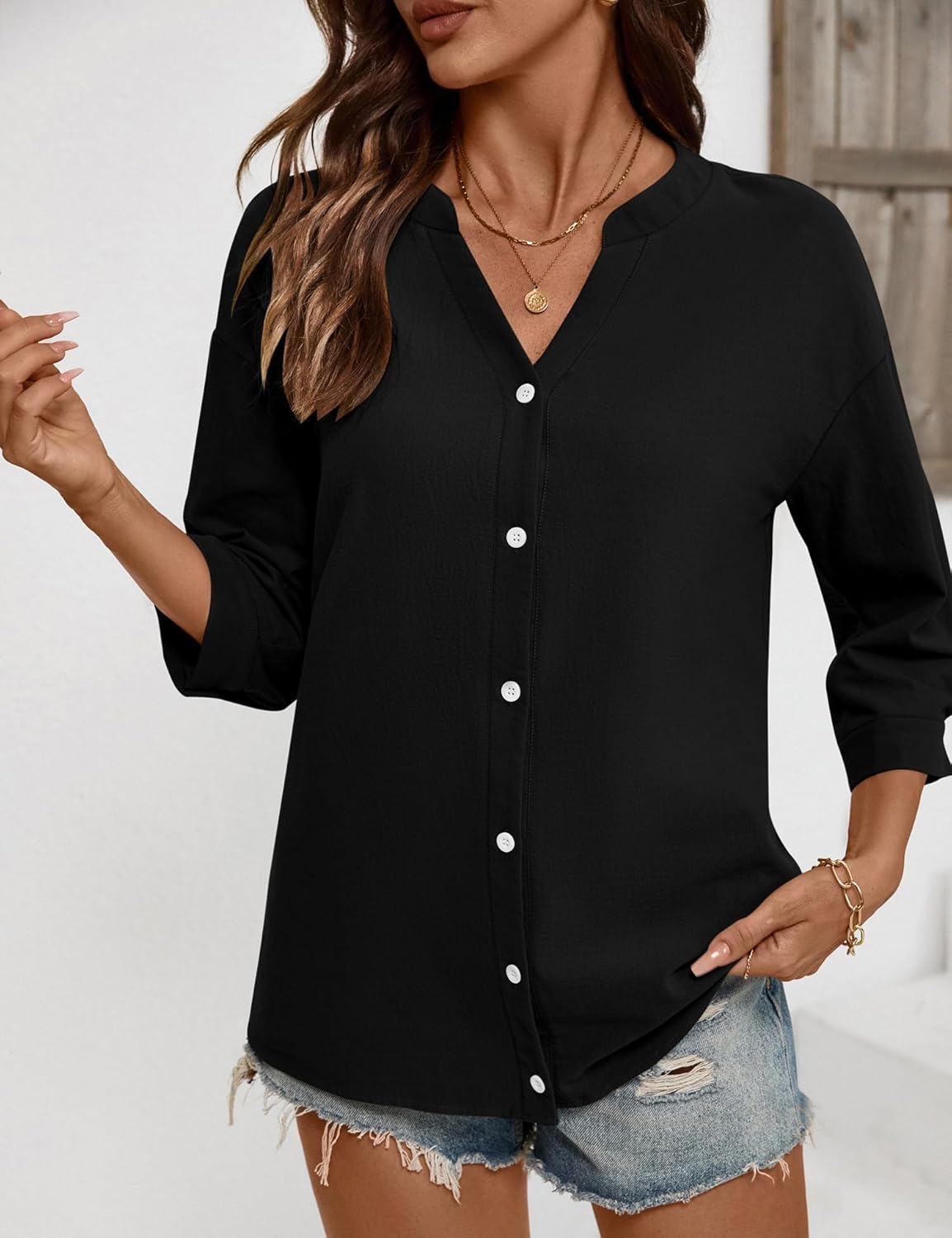 LOMON Womens 3/4 Sleeve Button Down Shirts Cotton Linen Roll Up Short Sleeve Tops V Neck Casual Loose Fit Blouses - Image 5
