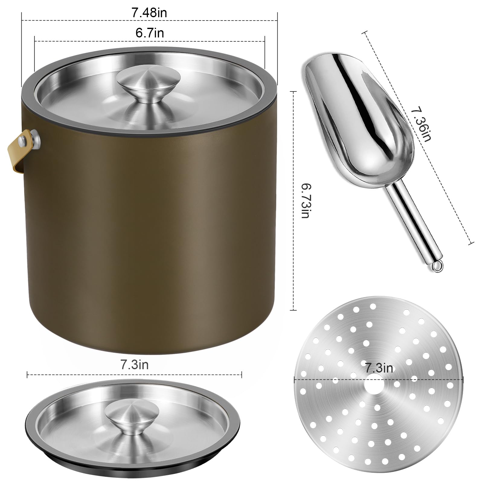 Cubitera de hielo aislada moderna de 3,2 L con tapa de silicona, cuchara, colador, cubo de hielo de acero inoxidable de doble pared para fiestas y bar de cócteles, ideal para regalo