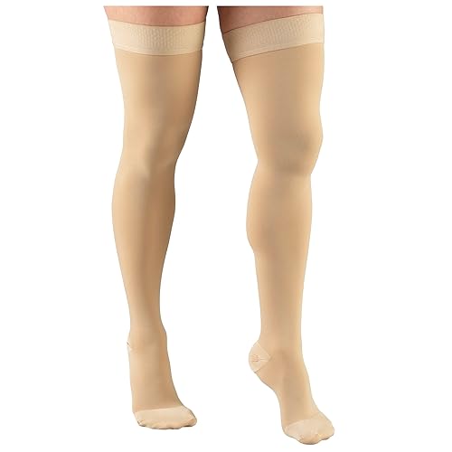 Miniatura 2 de Truform Medias de compresión de 15-20 mmHg para hombres y mujeres, longitud alta hasta el muslo, parte superior de punto, punta cerrada, beige, XL