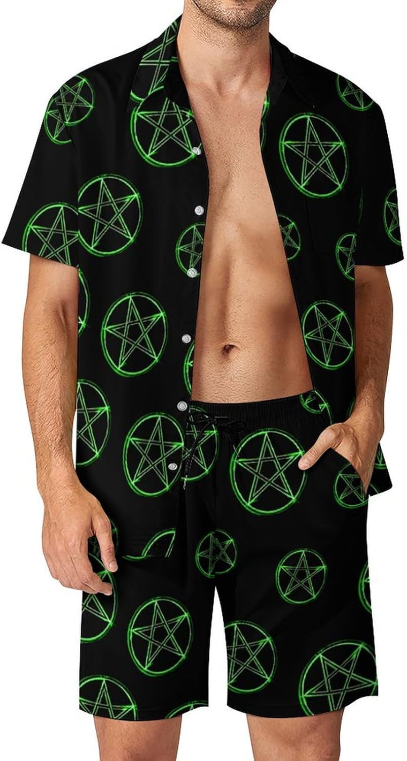 Pentagram Glow In Dark Men's Summer Beach Outfits Shirt And Shorts Set 2 Piece Vacation Swimwear