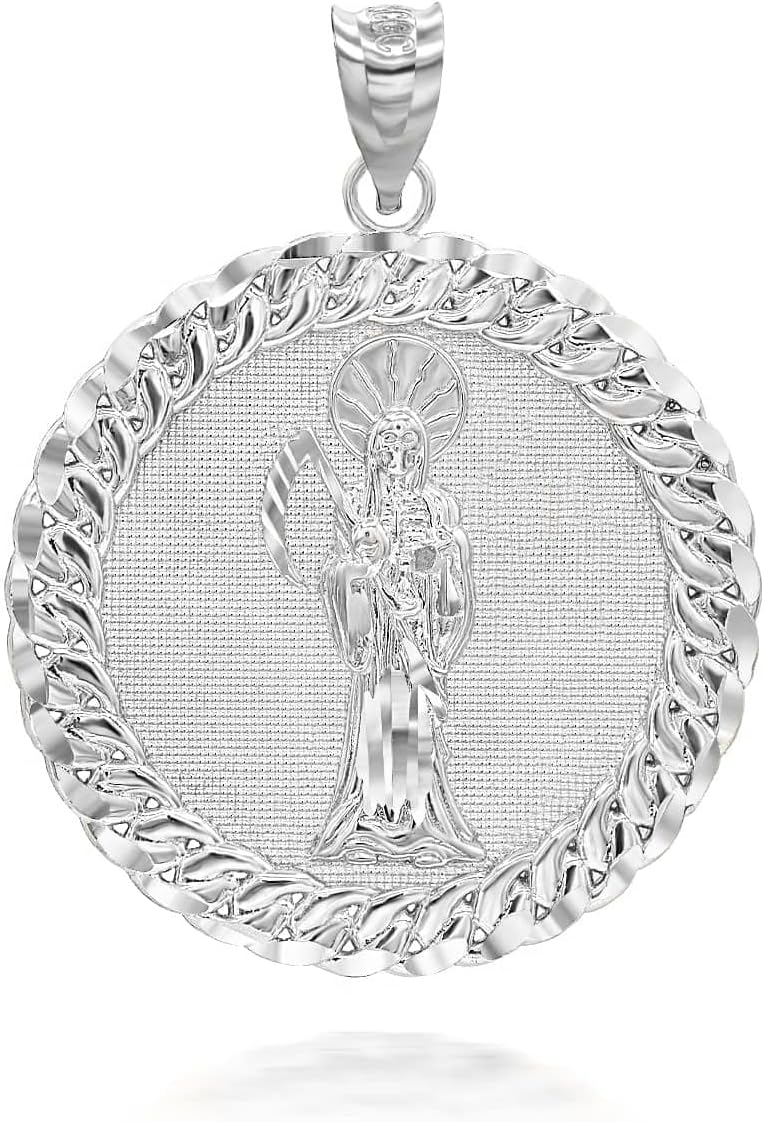 Claddagh Gold Solid 925 Sterling Silver Santa Muerte (Grim Reaper) Cuban Link Round Frame Pendant Necklace and Pendant Only