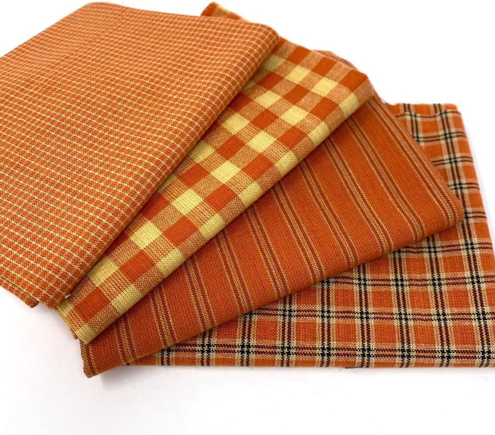 Set of 4 Fat Quarters, Pumpkin Orange Assorted Plaid Gingham Homespun Cotton Fabric Bundle by JCS
