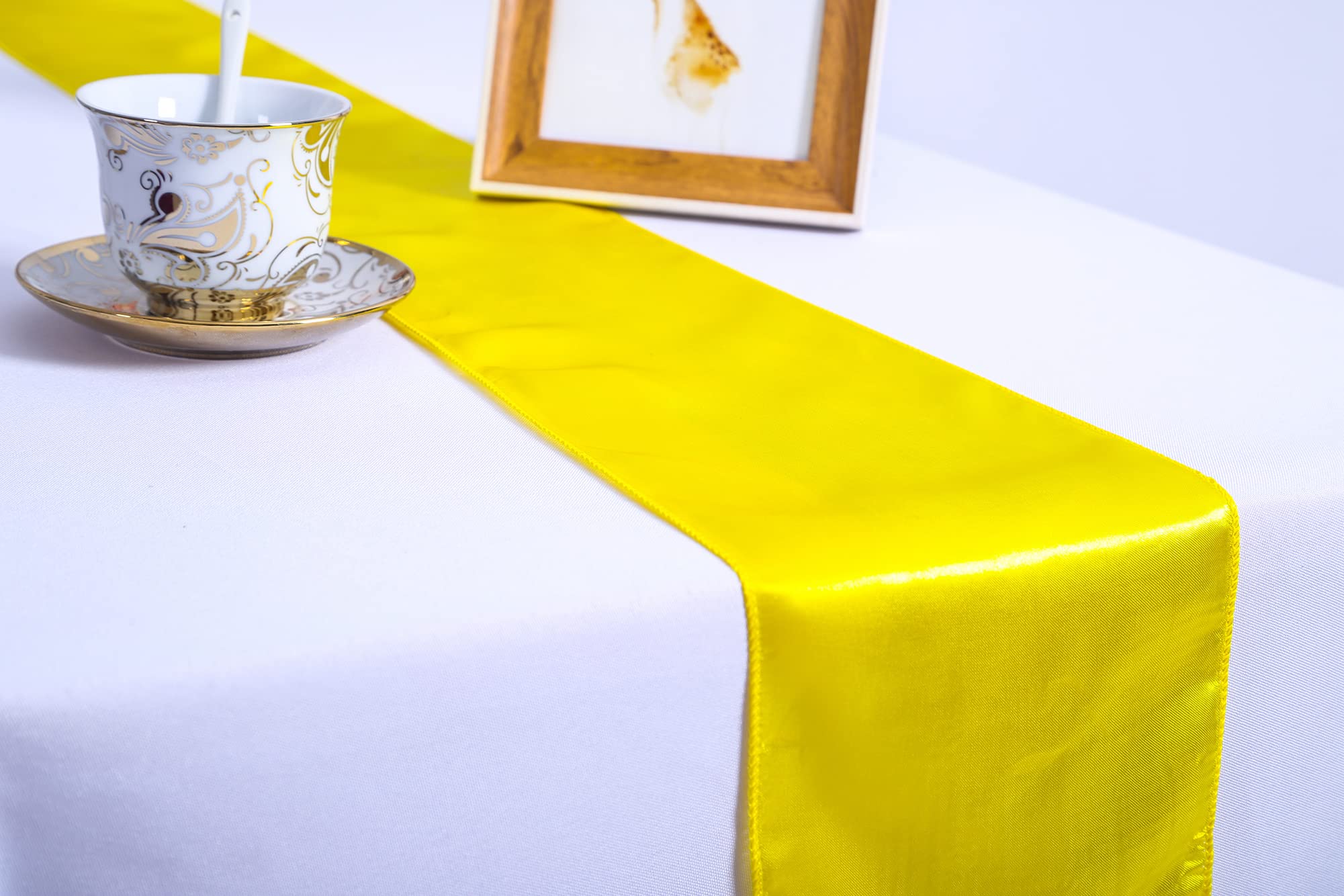 Pengcen Yellow Satin Rectangular Table Runner Set of 10 for Decorating Wedding Receptions and Parties,12 x 108 inches(30 x 275 cm)