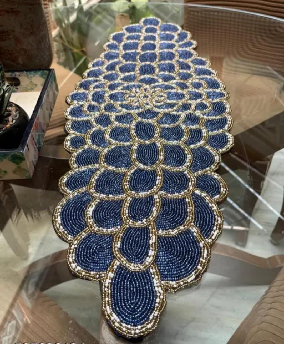 Beaded Table Runner, Navy Blue Floral Design, Handcrafted Glass Seed Beads, Decorative Home Accent