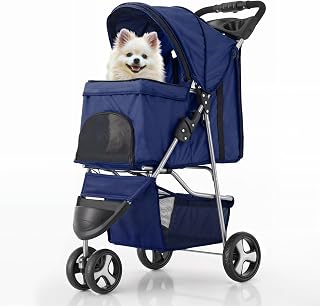 MoNiBloom 3-Wheel Foldable Pet Stroller for Small/Medium Dogs & Cats - All-Season Weather Cover, Storage Basket, Cup Holder, Breathable Mesh, Blue