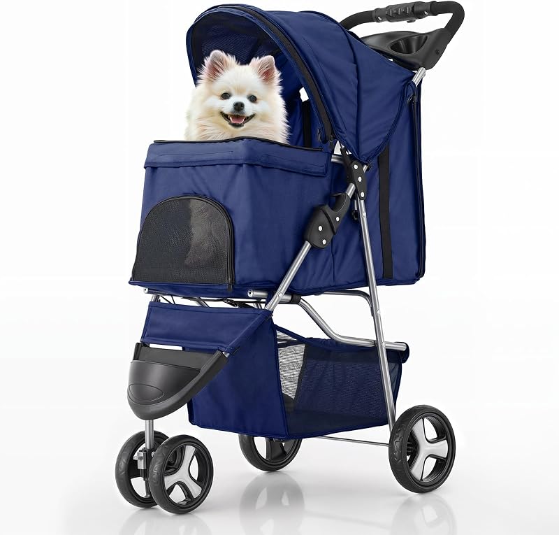 MoNiBloom Pet Stroller for Small/Medium Dogs and Cats up to 33 lbs, Blue | Foldable Dog Stroller 3 Wheels Pet Strolling Cart w/ Storage Basket Cup Holder, Breathable and Visible Mesh for All-Season