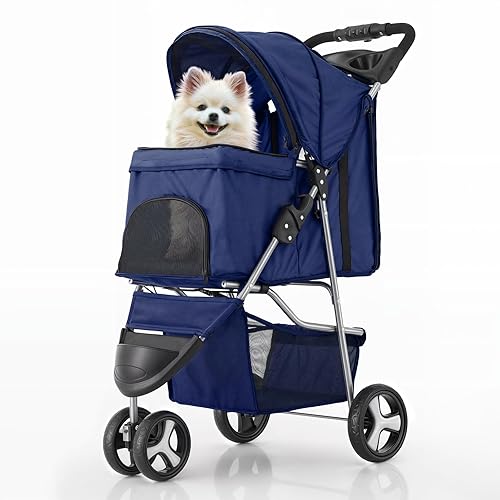 MoNiBloom 3 Wheels Pet Stroller, Foldable Dog Cat Cage Jogger Stroller with Weather Cover for All-Season, Storage Basket and Cup Holder, Breathable