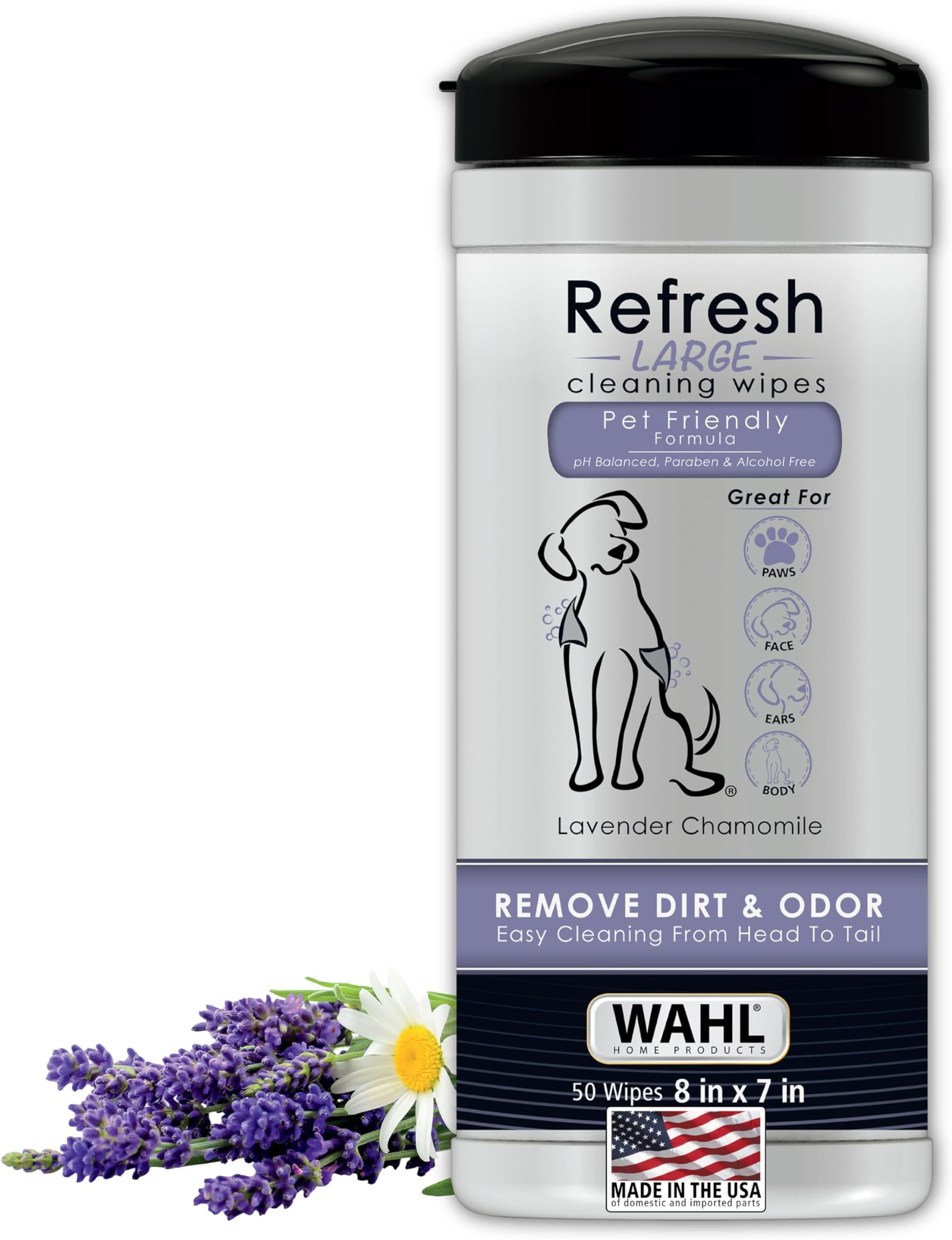 Wahl Dog Wipes Refresh Cleaning Wet Wipes, Remove Pets At Home Dirt and Odors, pH balanced, alcohol free and paraben free, 50 Wipes, Lavender Chamomile