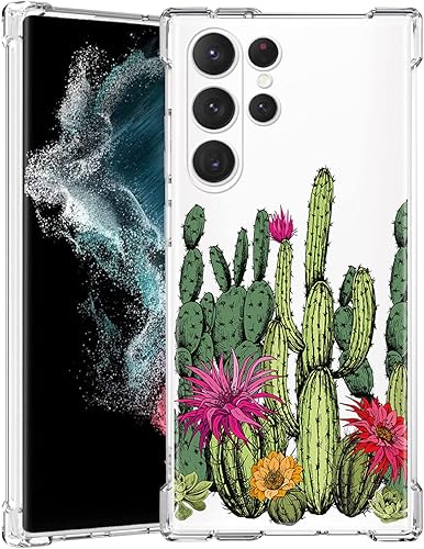 KYNWOGA Funda para Galaxy S22 Ultra con plantas de cactus con flores, funda para teléfono para mujeres y niñas con parachoques de TPU funda