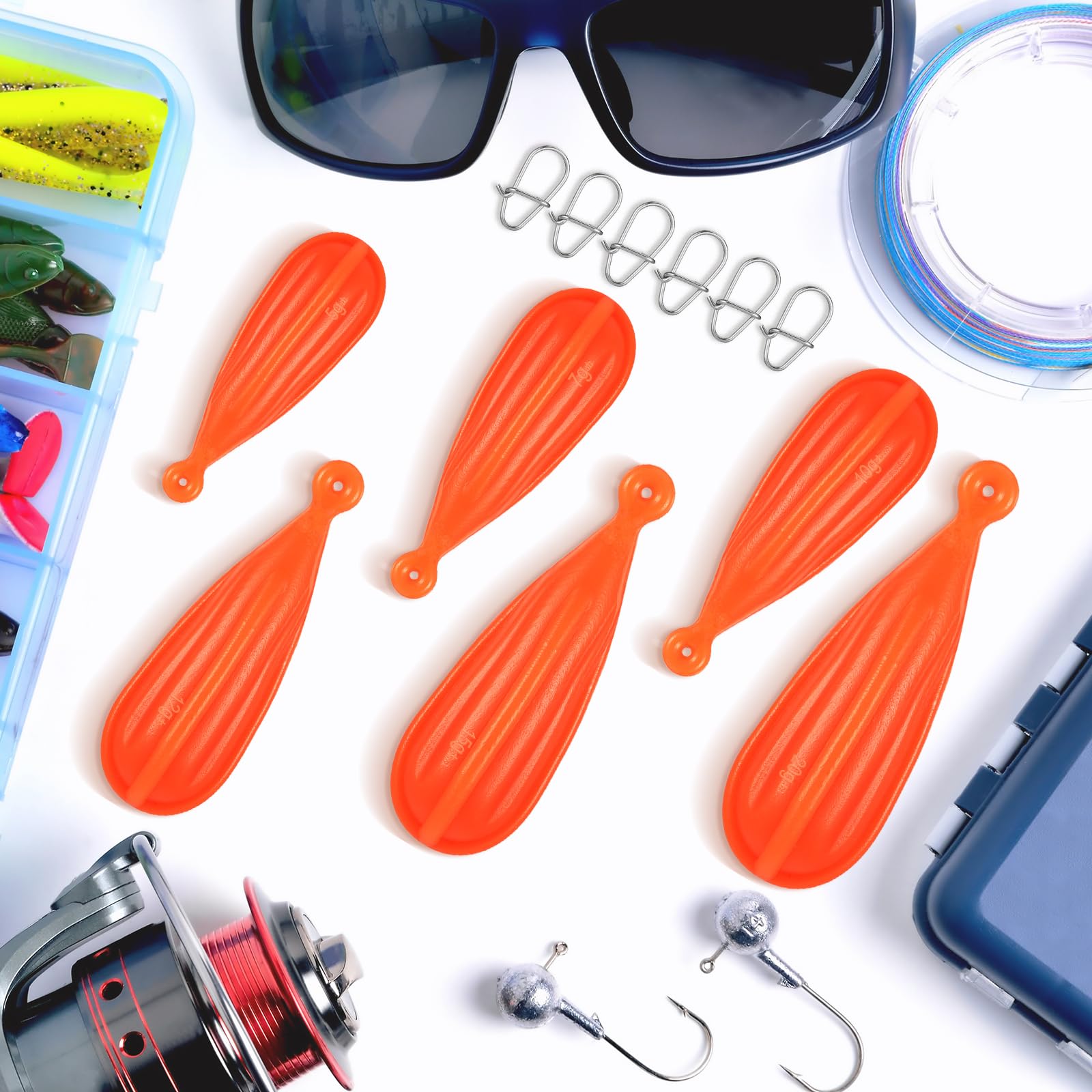 Lenwen Lot de 12 bouchons d'entraînement de pêche en PVC souple, 6 tailles mixtes, leurres de pêche pour enfants pour améliorer les compétences de lancer, 0,6 g, 0,9 g, 0,9 g, 0,9 g, 2,4 g, 1,4 g, 1,4