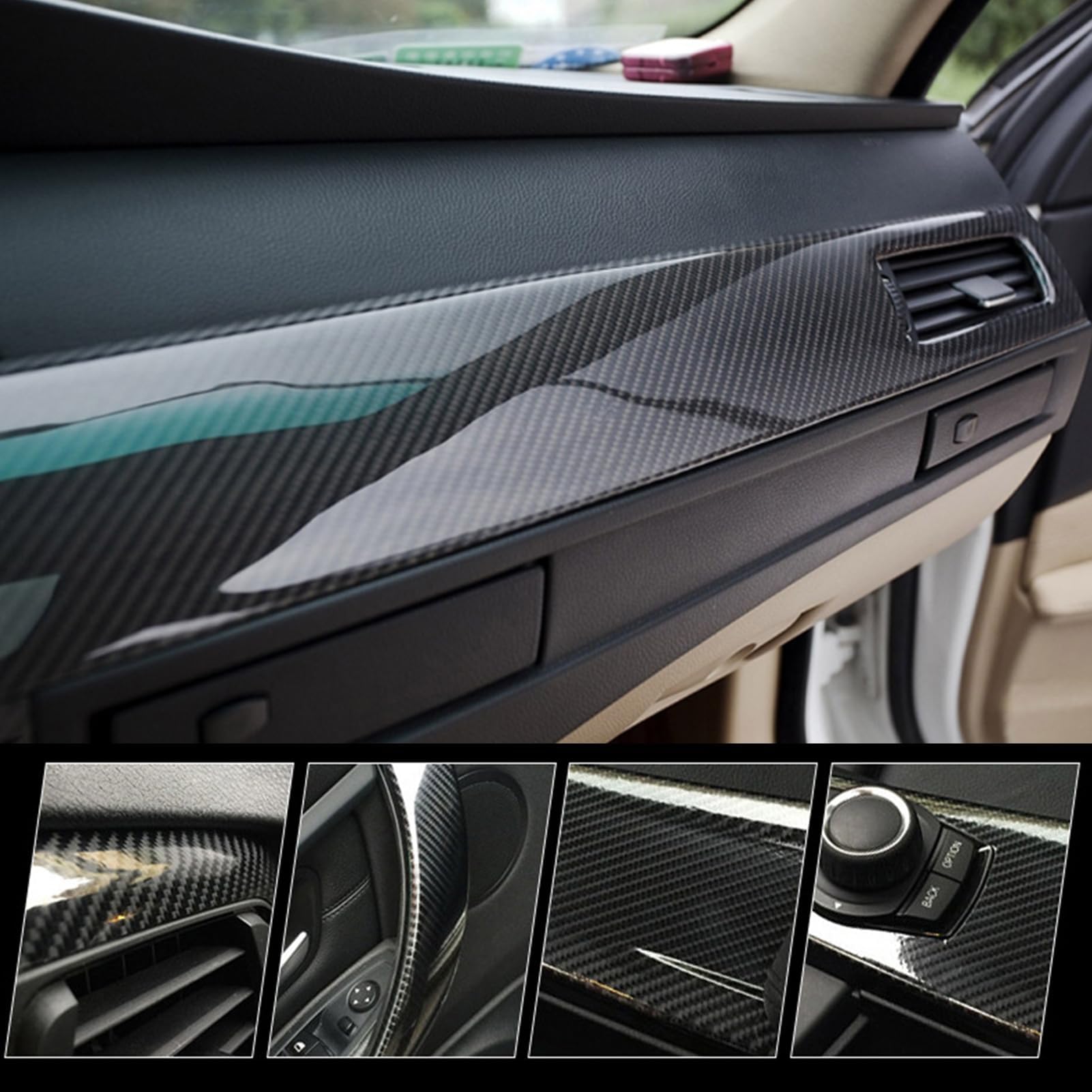 Carbon Fiber Vinyl Wrap, 5D Gloss Black Vinyl Wrap for Car, Self Adhesive Anti-Wrinkle 1ft x 10ft Car Wrap Roll with Air Release