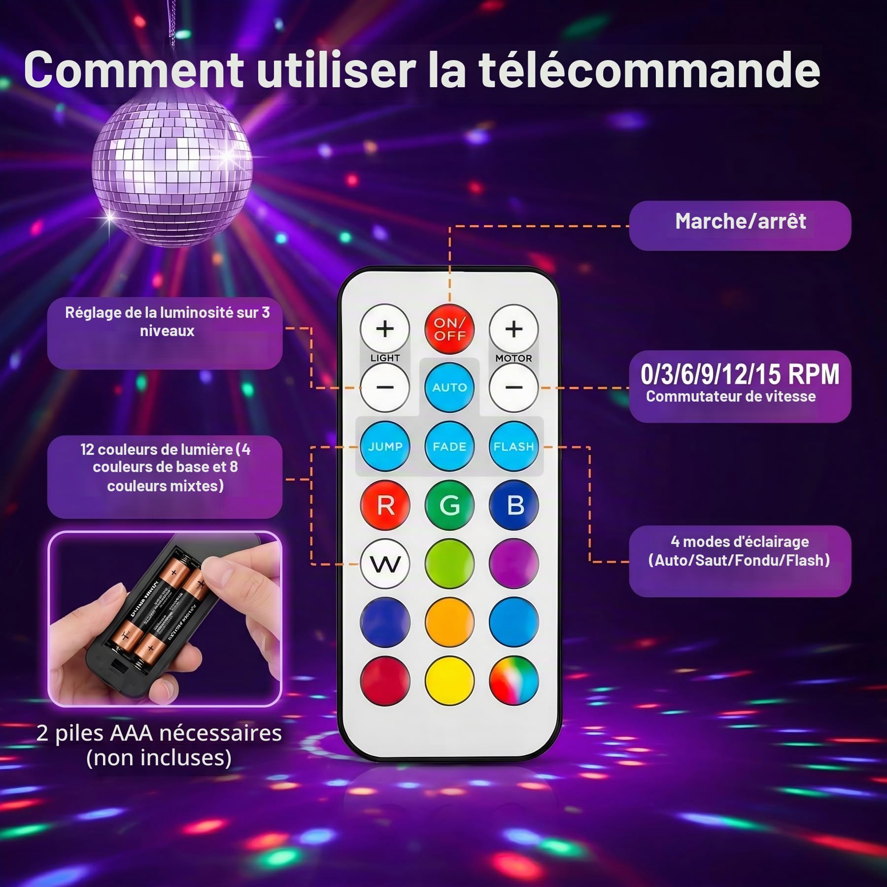 Moteur Boule Facettes 0-15 RPM 6 vitesses, LED & Télécommande pour Fête