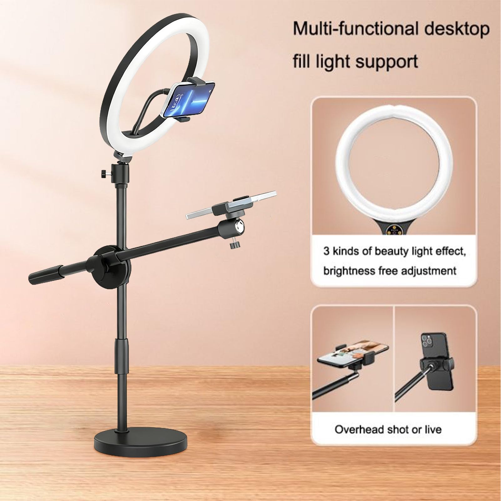 Ring Light Overhead - Supporto regolabile per selfie con supporto per | telefono, supporto flessibile per treppiede, illuminazione a LED per classi, riprese video, creazione di contenuti