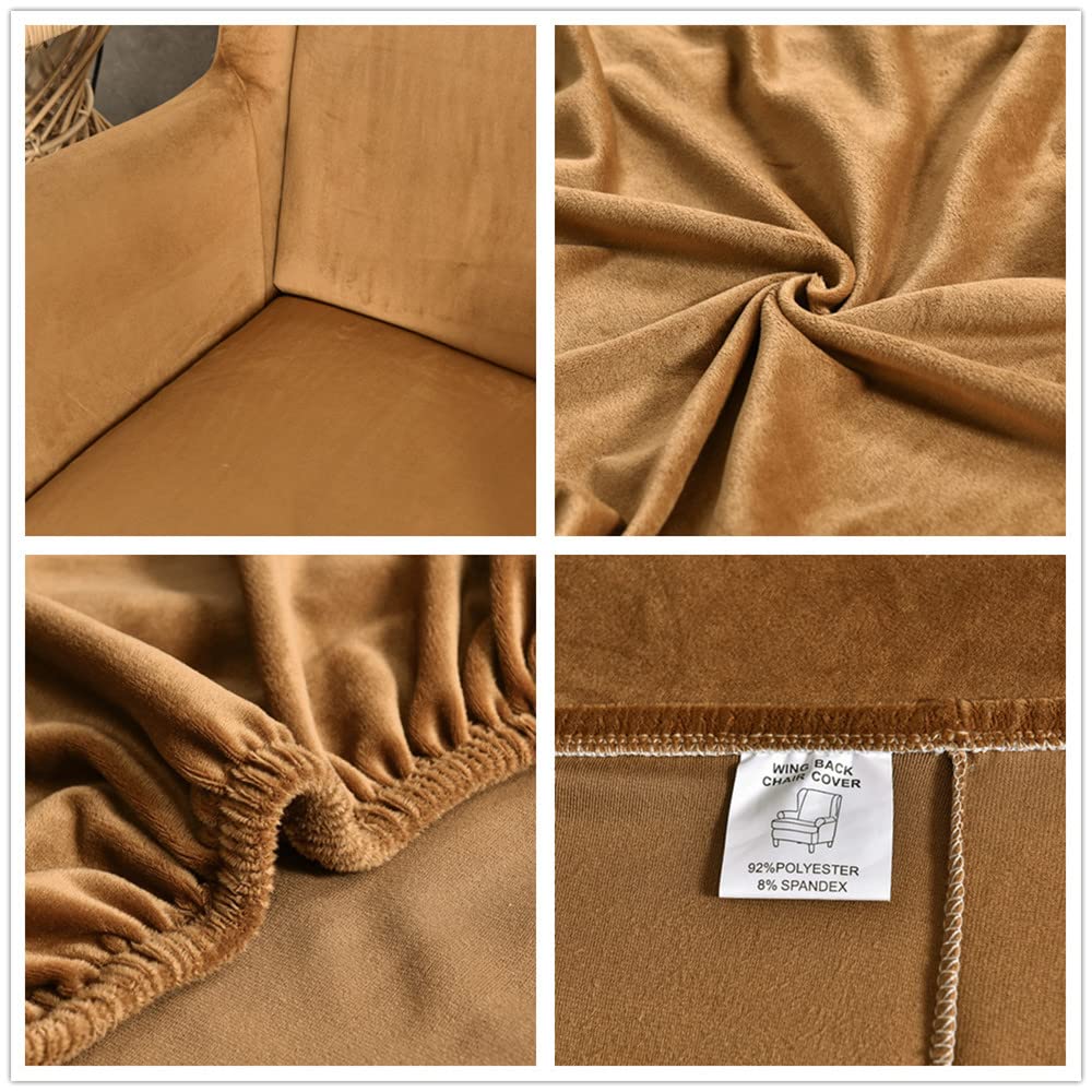 Highdi Terciopelo Funda de Sillón de Orejas Elástica con Funda Otomana, Funda de Sofá Relax 2 Piezas con Funda de Cojín, Fundas Protector de Butaca para Dormitorio, Recepción, Club (Caqui)