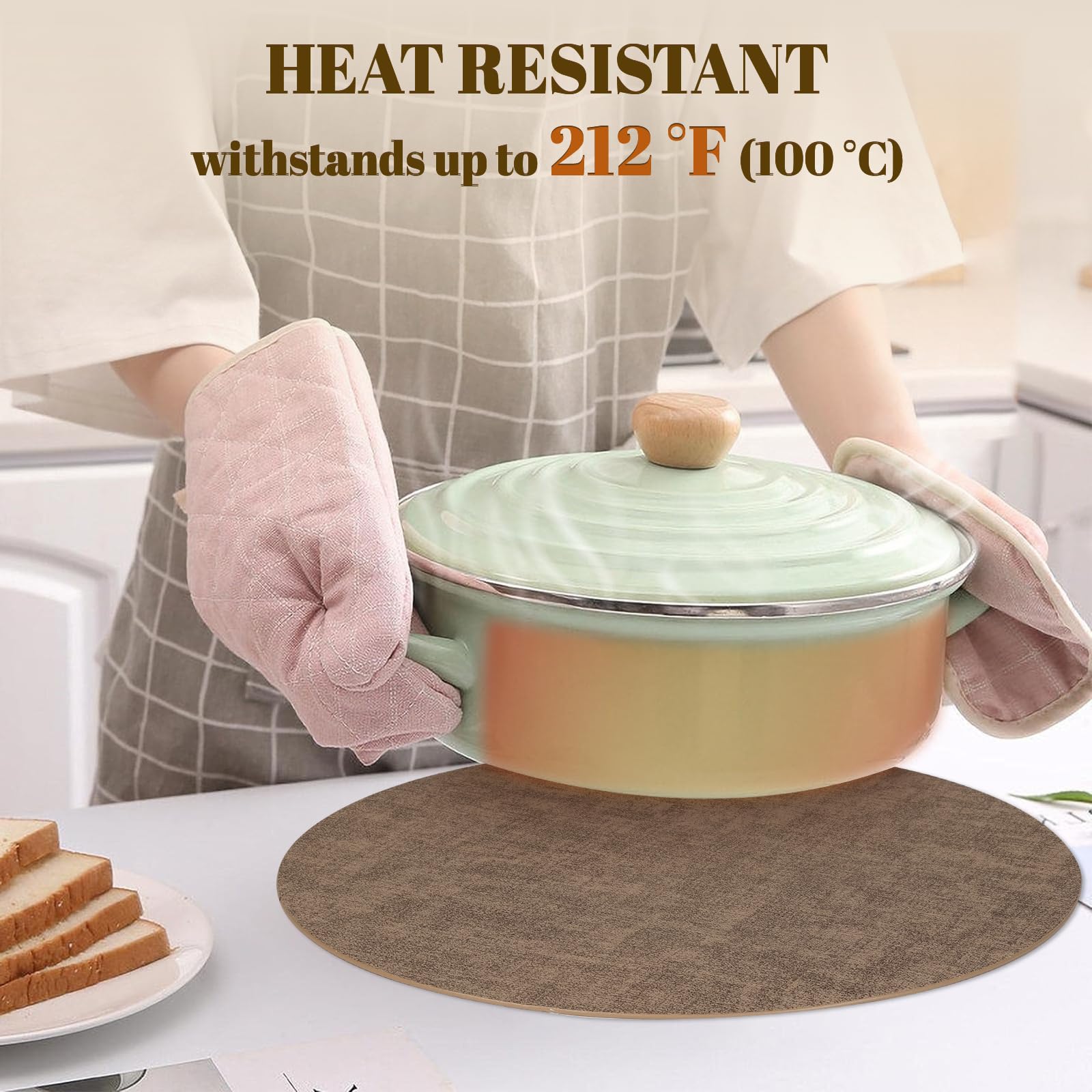 Set di 6 tovagliette rotonde in ecopelle, lavabili, resistenti al calore, antiscivolo, per interni ed esterni, colore: marrone