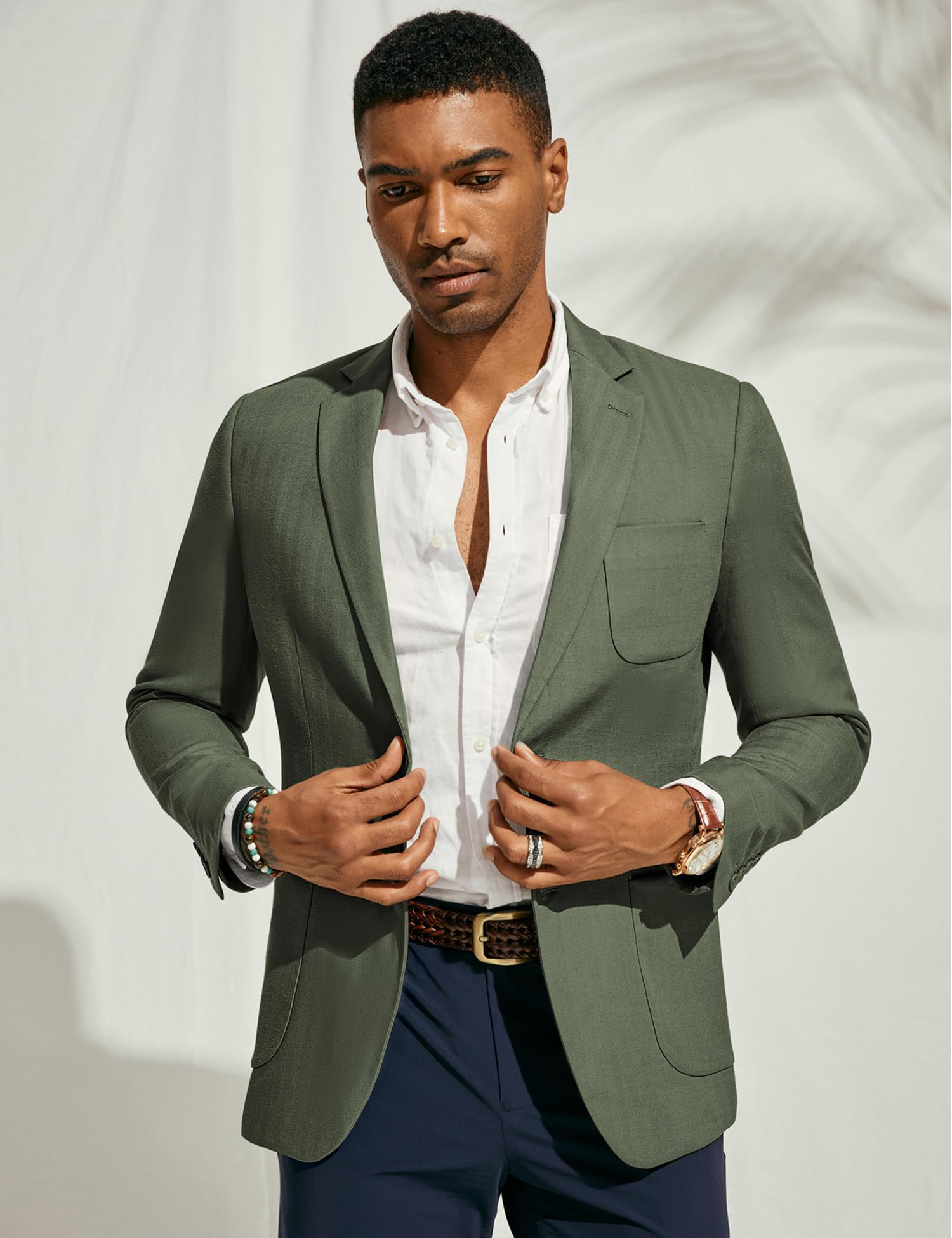 PJ PAUL JONES Chaqueta tipo blazer para hombre, de algodón y lino, ajuste regular, con dos botones, diseño de espiga
