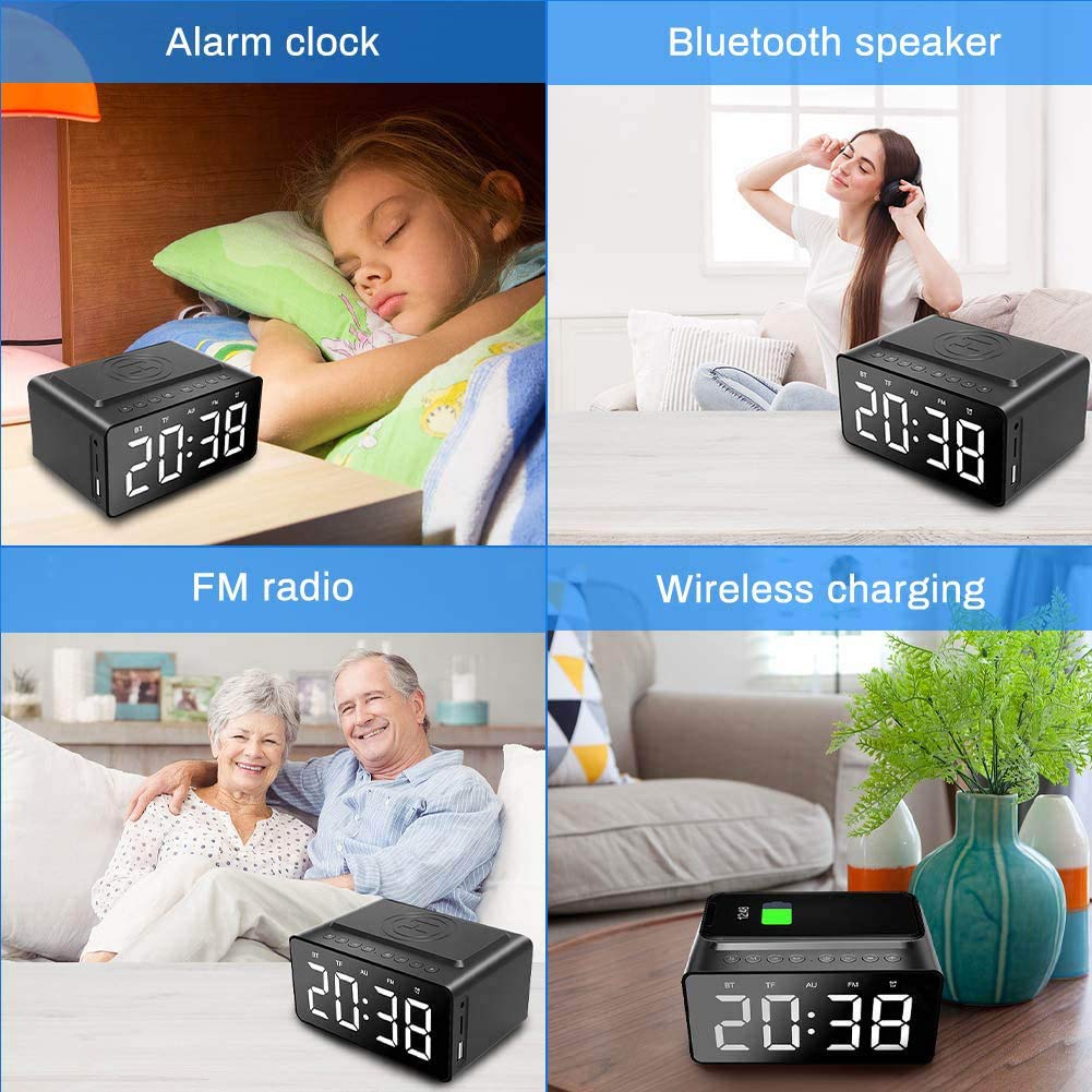 ERNZI Sveglia Altoparlante Bluetooth da comodino Radio FM Non ticchettante con caricatore USB e ricarica wireless QI, Display a led dimmerabile digitale a 3 livelli