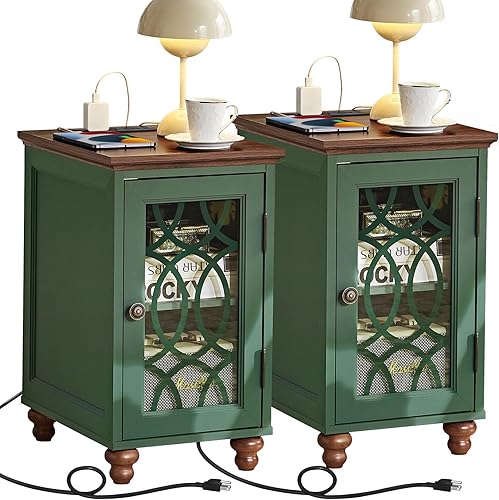 Mesa auxiliar estrecha con estación de carga, juego de 2, mesita de noche con puerta de granero de cristal, mesas auxiliares de noche con estante