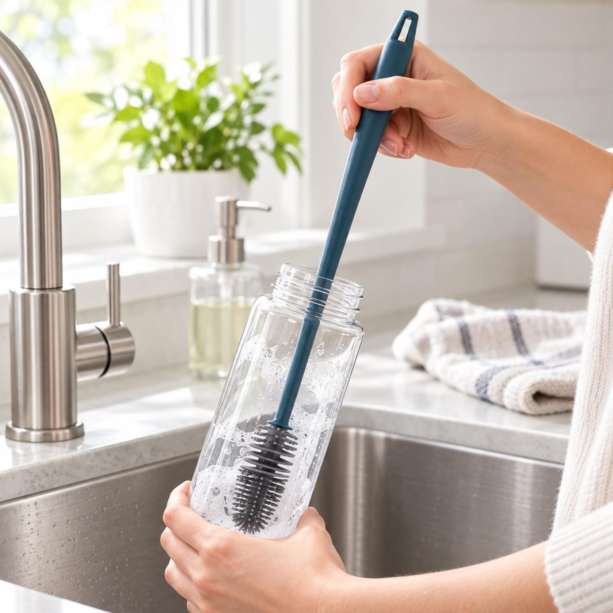 Silicone Bottle Brush with Plastic Handle for Cups and Drinkware, Long Handled Kitchen Cleaning Tool for Daily Washing