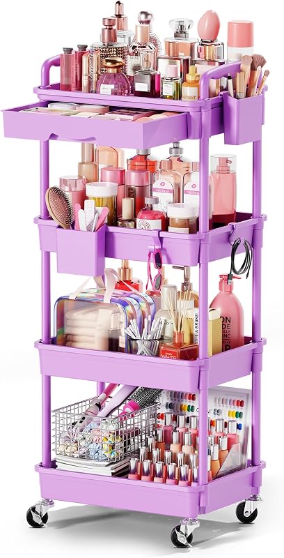 Goovilla Carrinho Organizador Móvel para Maquiagem com Gaveta Removível, 4 Níveis, Roxo